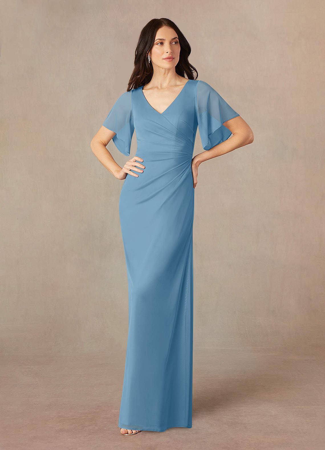 Azazie Selah Mother of the Bride Dresses Steel Blue A-Line V-Neck ruched Mesh Dress image1