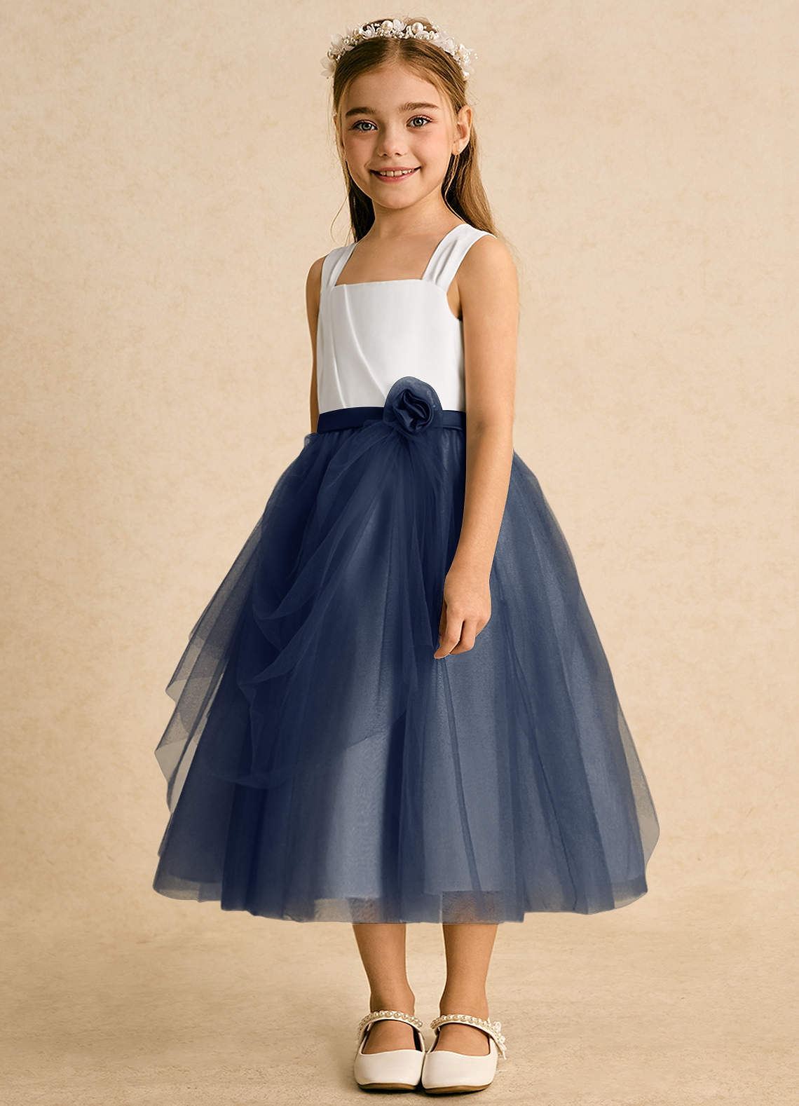 Azazie Bonny Flower Girl Dresses Ivory Dark Navy Ball-Gown Pleated Tulle Dress image1