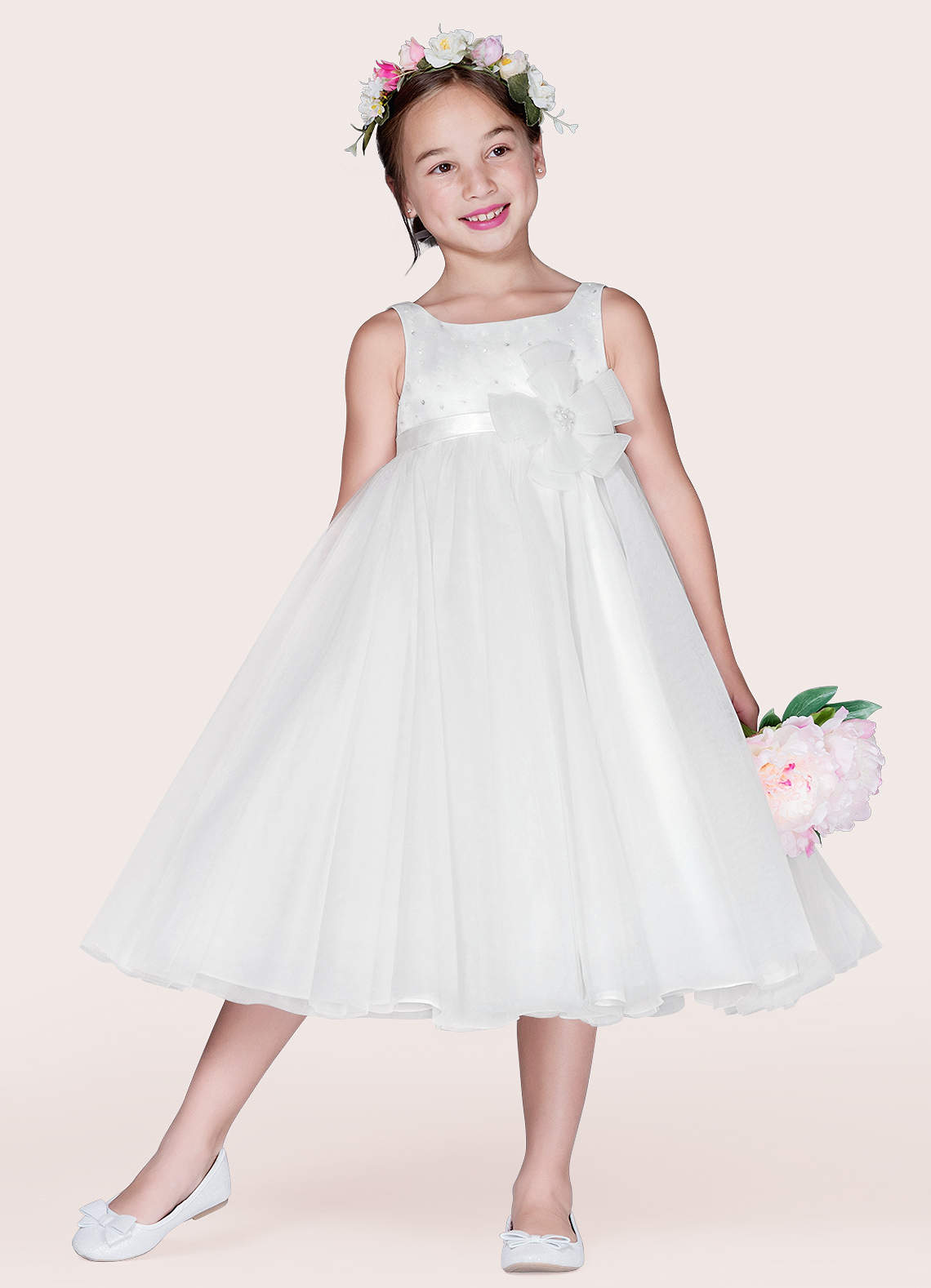 Azazie Lupine Flower Girl Dresses Diamond White Ball-Gown Sequins Matte Satin Dress image1