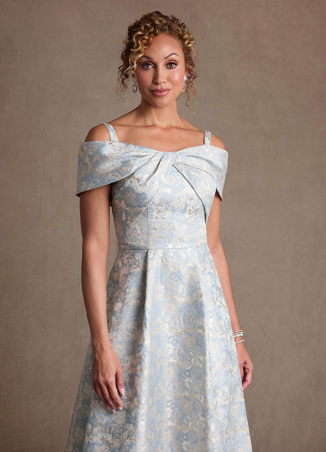 Azazie Harriett Mother of the Bride Dresses Dusty Blue A-Line Off the Shoulder Floral Jacquard Dress image4