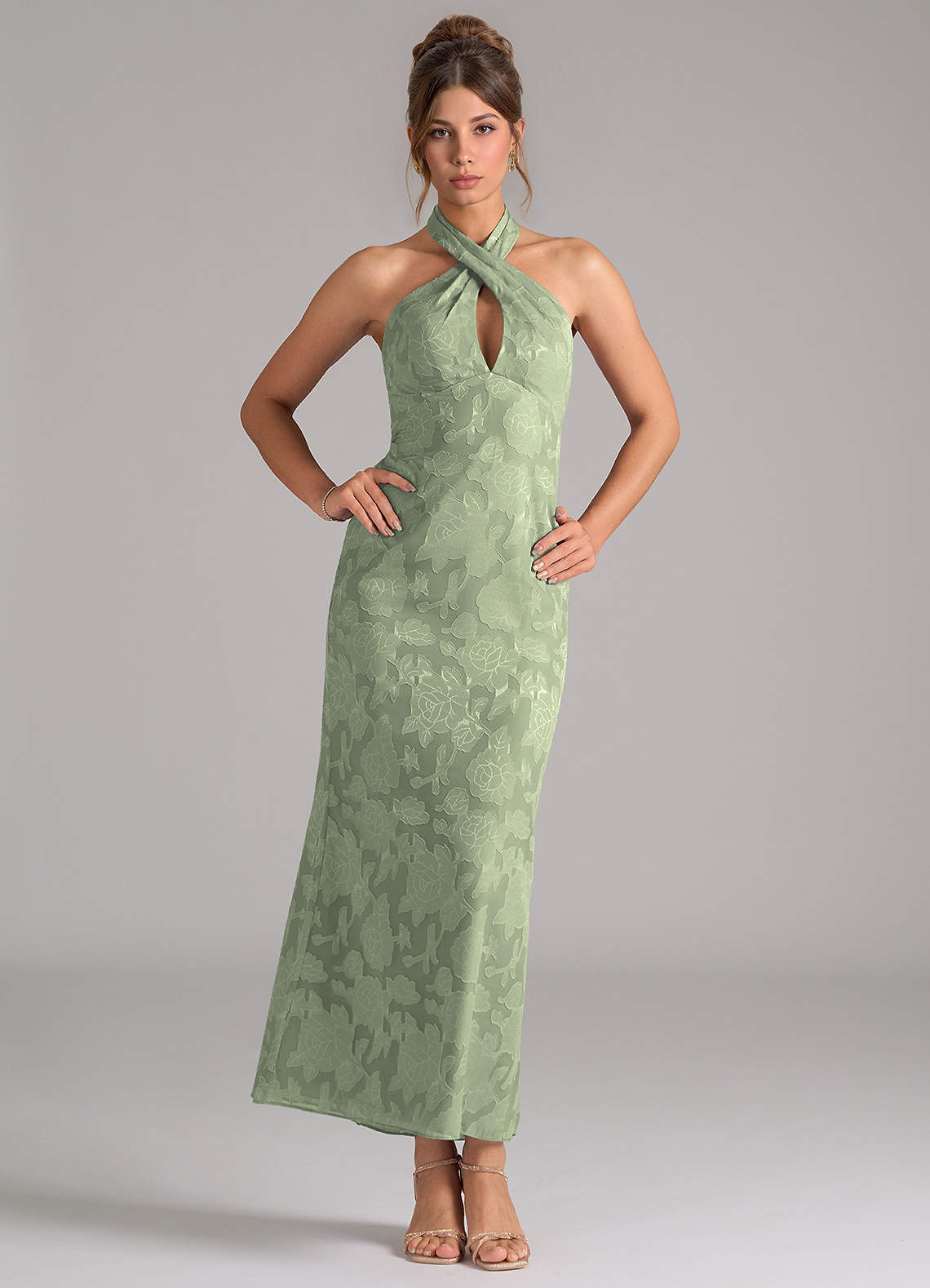 Azazie Marlissa Bridesmaid Dresses Agave Sheath Pleated Floral Burnout Dress image1
