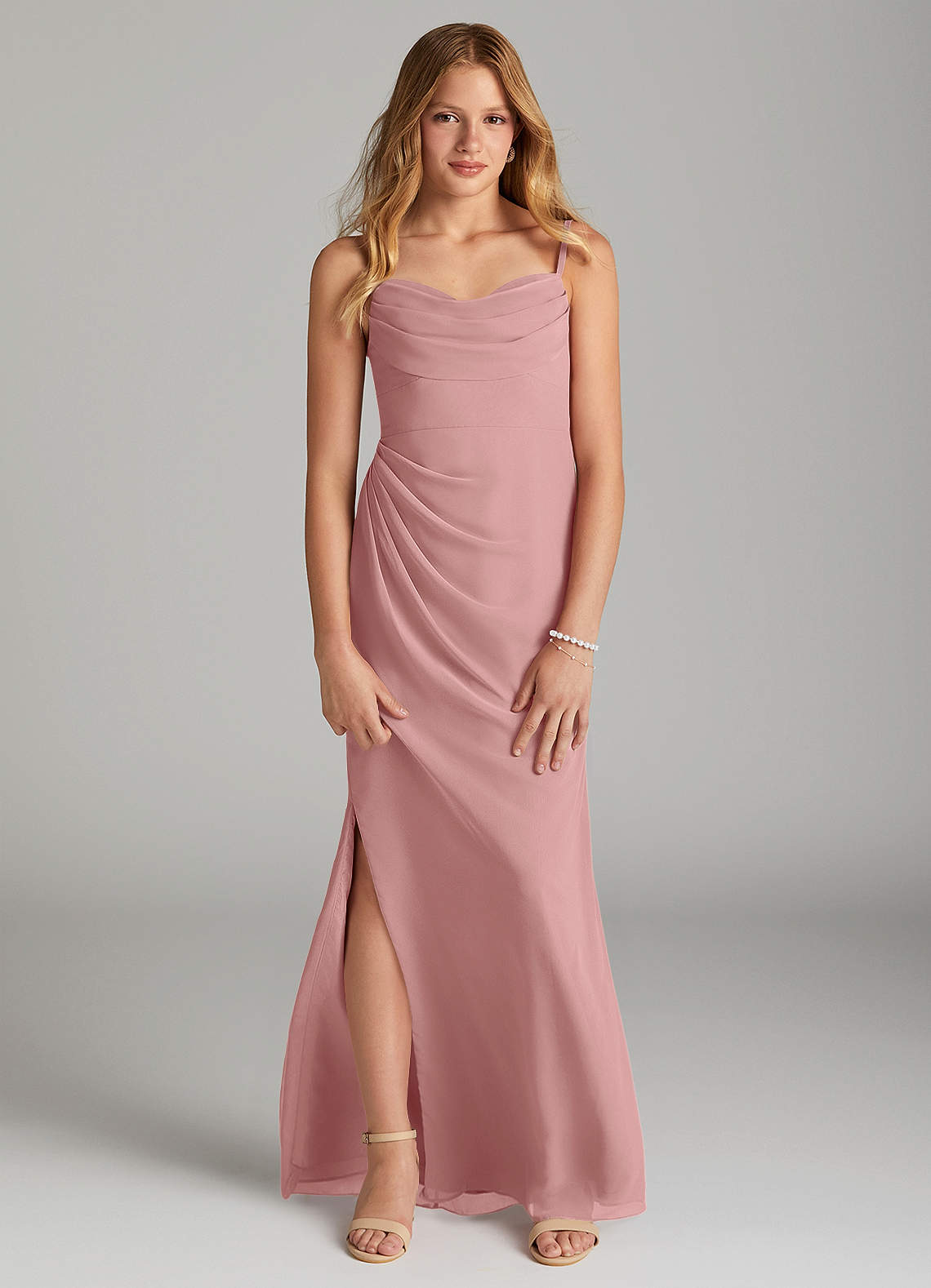 Azazie Mai Junior Vestido de Rosa Polvorienta de Gasa de Recto con Plisado image1