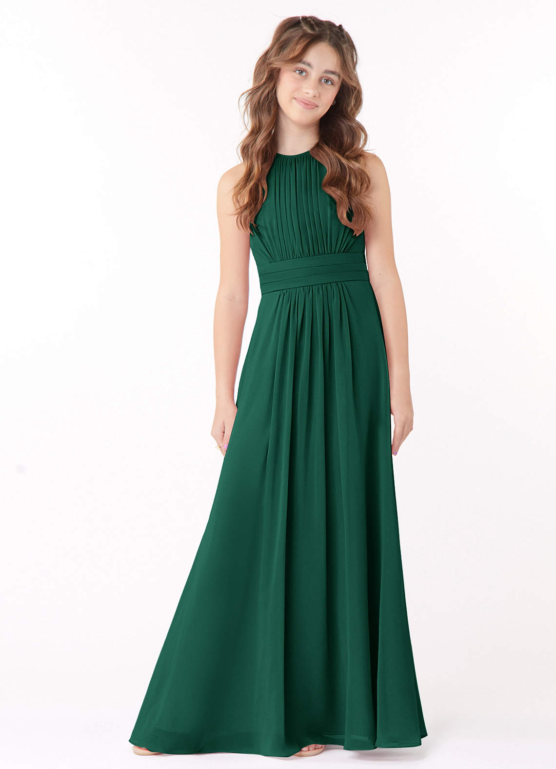 Azazie Bonnie Junior Emerald A-Line Pleated Chiffon Dress image1