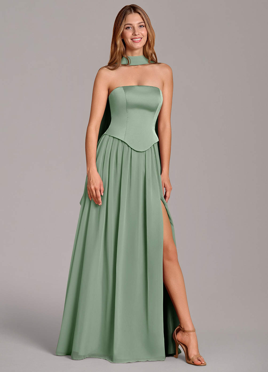Azazie Cadence Bridesmaid Dresses Matcha A-Line Corset Stretch Satin Convertible Dress image1