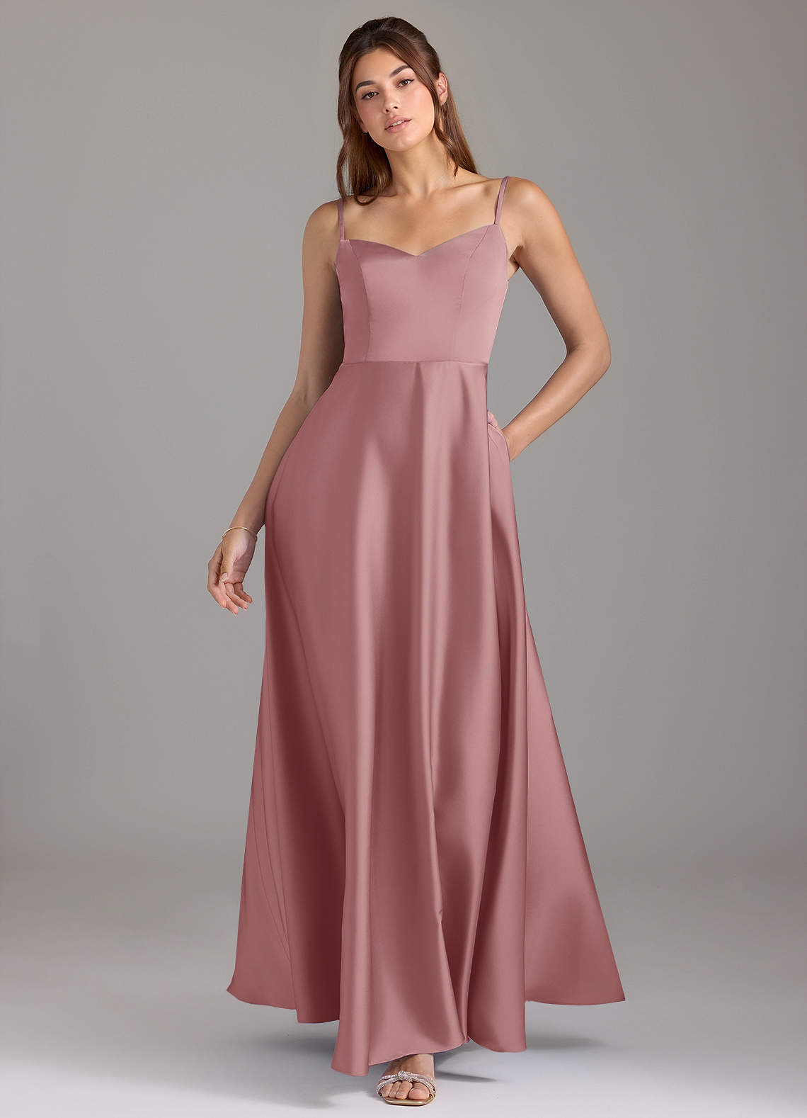 Azazie Marley Bridesmaid Dresses Dusty Rose A-Line Off the Shoulder Stretch Satin Convertible Dress image1