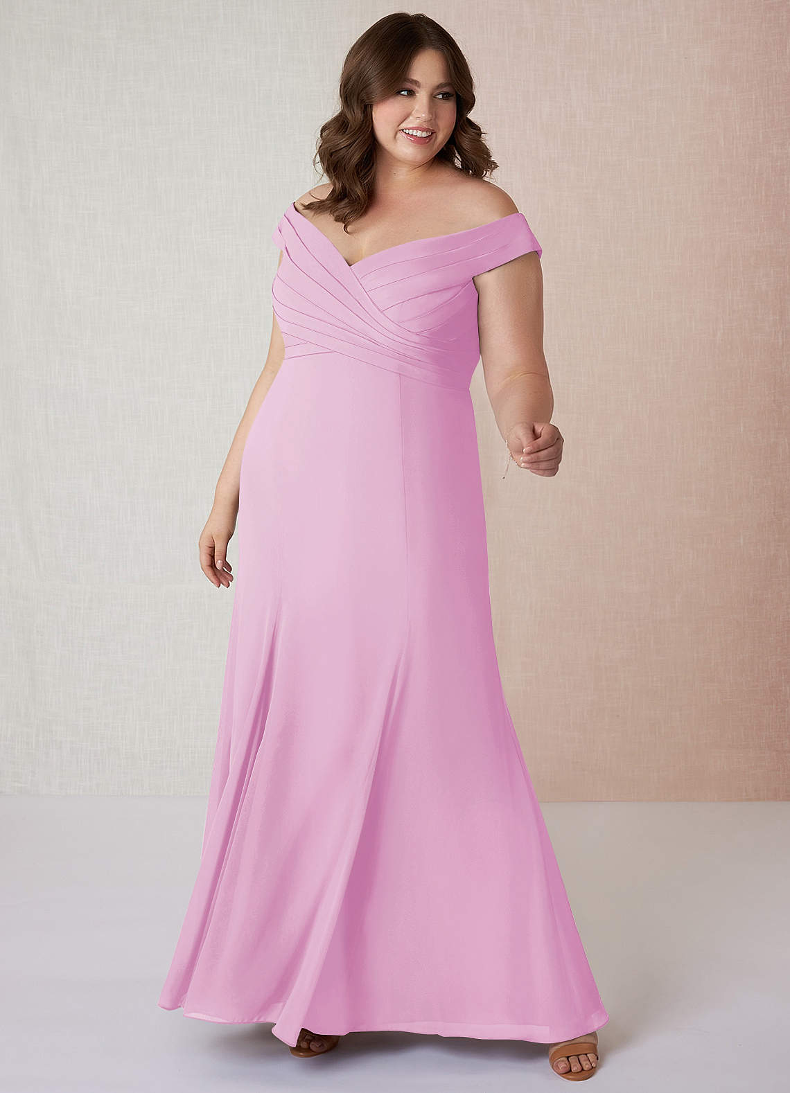 Azazie Lecia Bridesmaid Dresses Candy Pink Empire Off-The-Shoulder Pleated Chiffon Convertible Dress image1