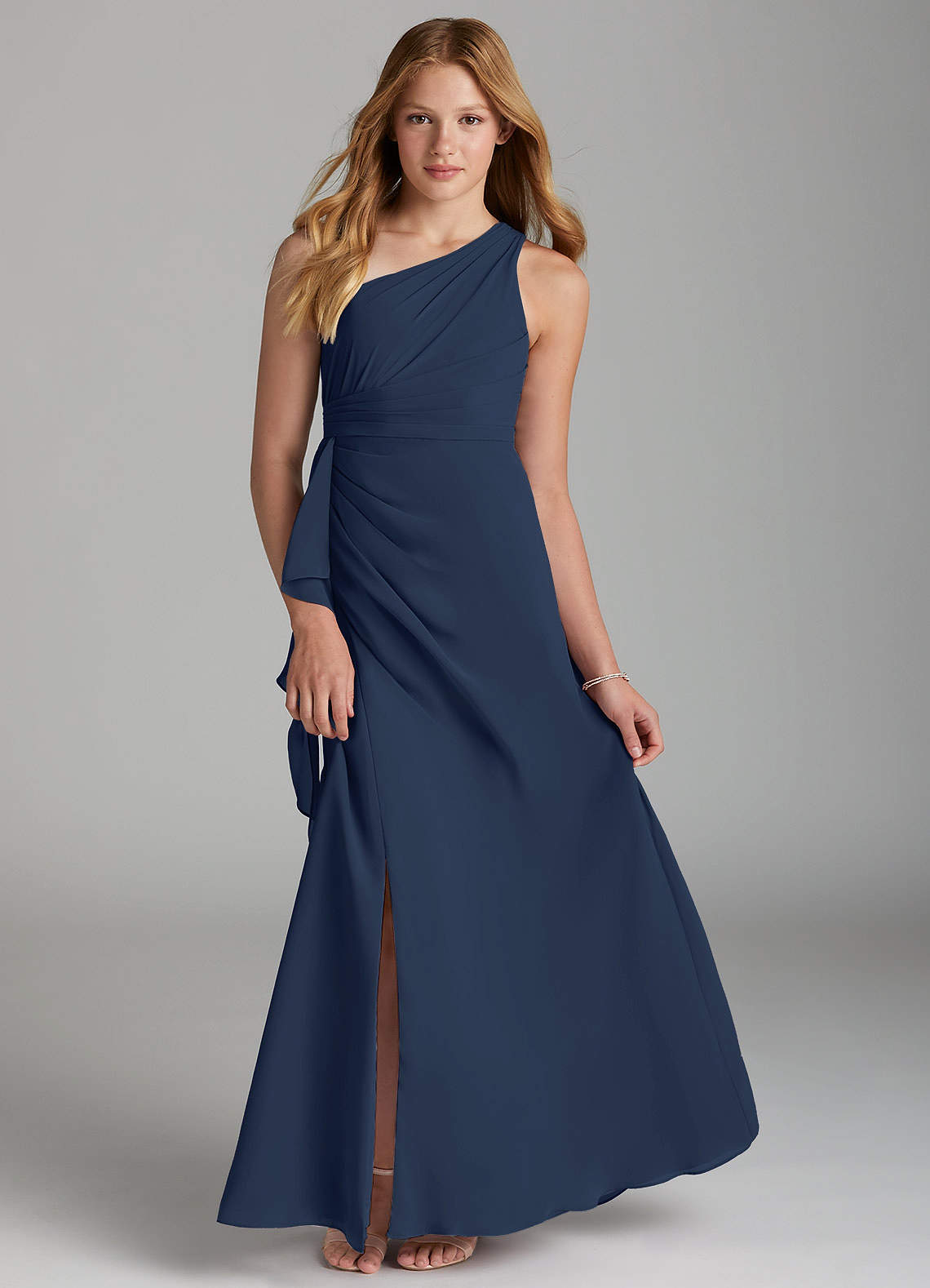 Azazie Maive Junior Dark Navy A-Line Pleated Chiffon Dress image1
