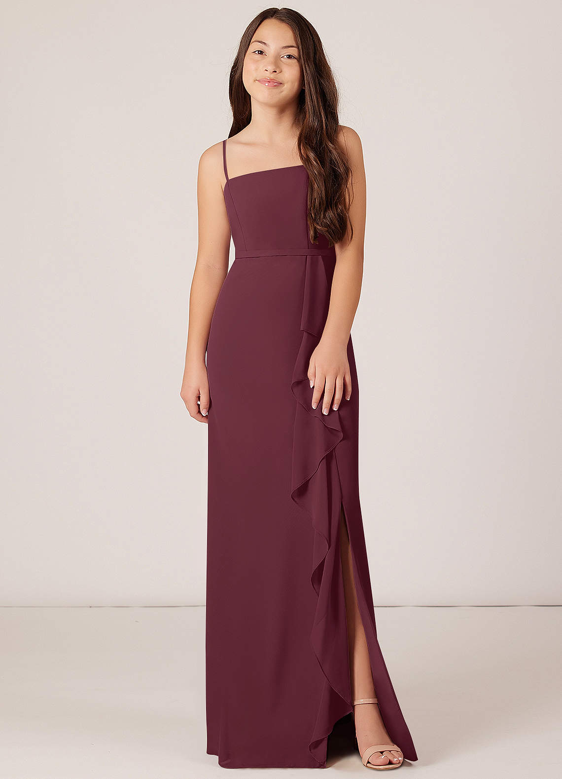 Azazie Kaylee Junior Cabernet A-Line with Belt Chiffon Dress image1