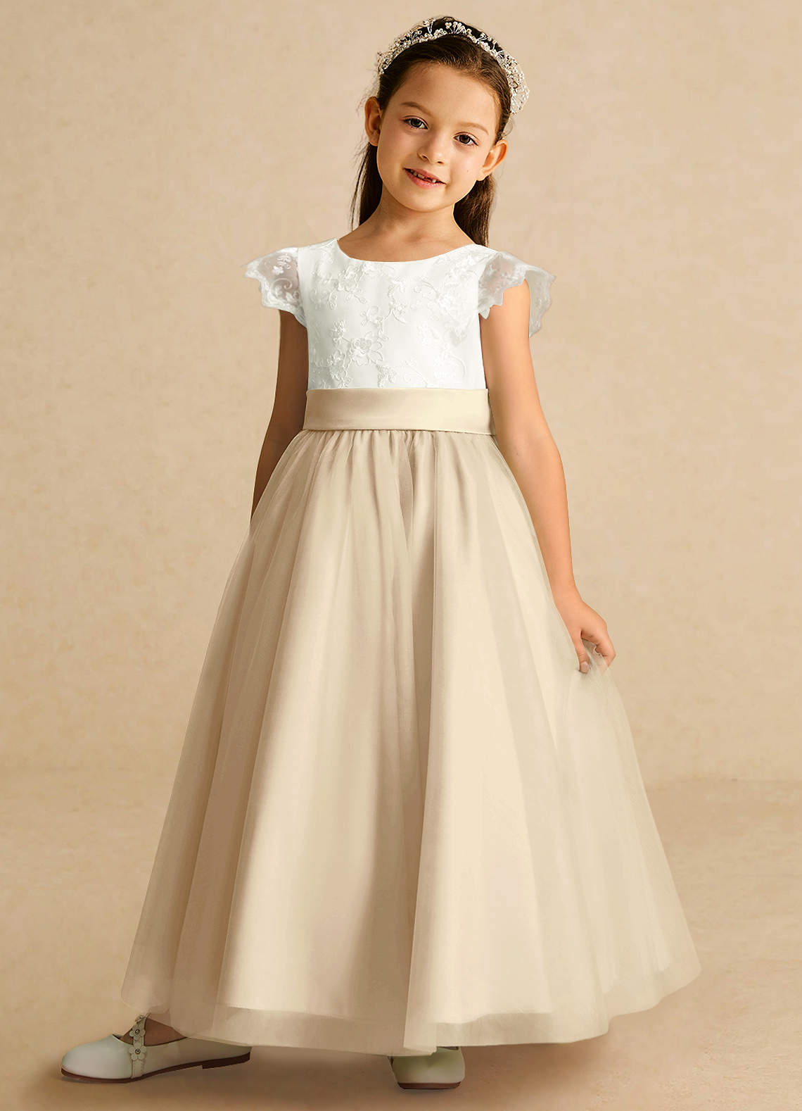 Azazie Pookie Flower Girl Dresses Champagne A-Line Lace Tulle Dress image1