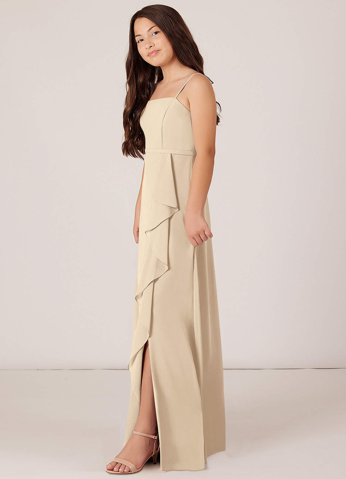 Azazie Kaylee Junior Champagne A-Line with Belt Chiffon Dress image2