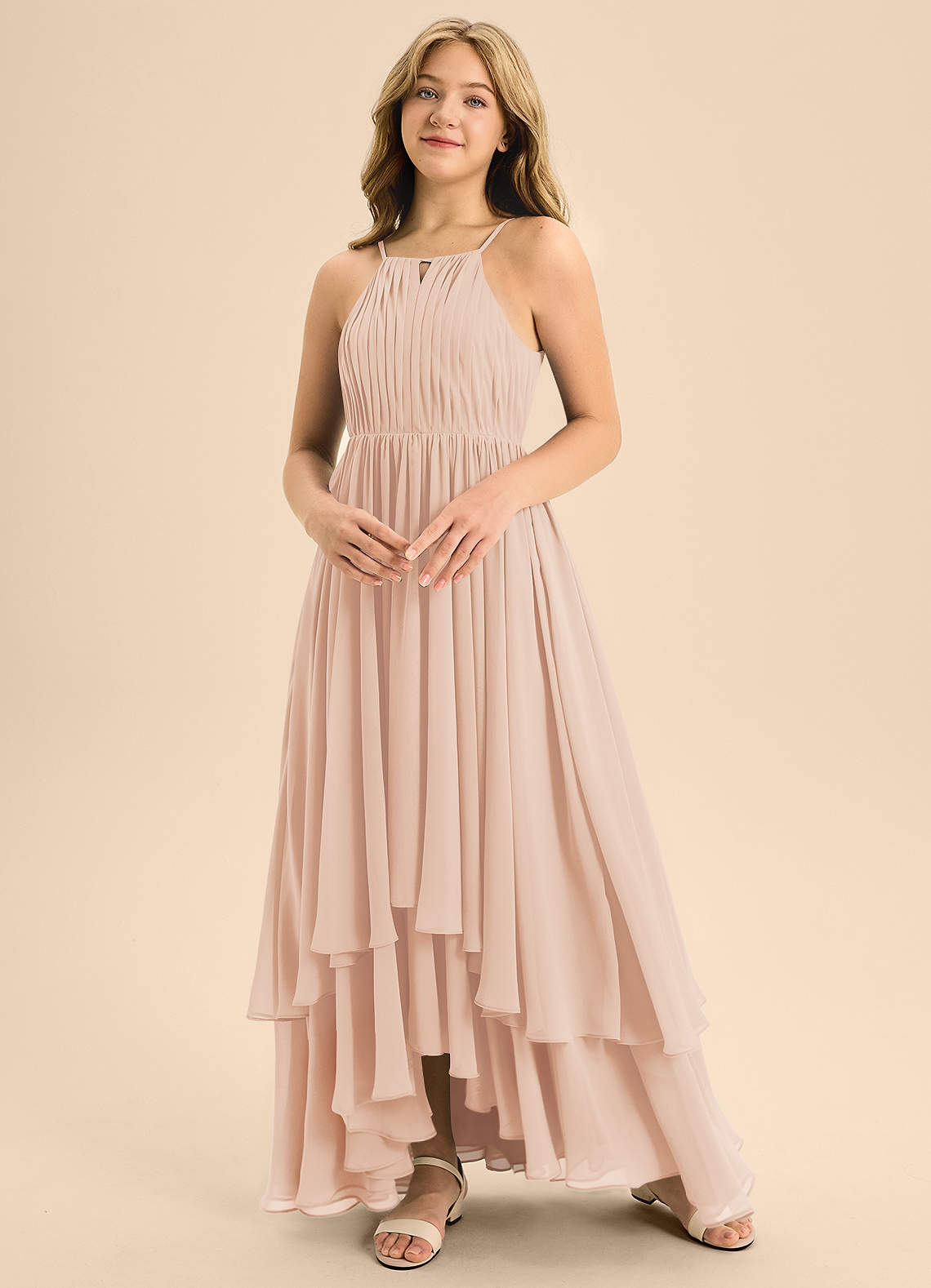 Azazie Elliora Junior Vestido de Rosa Inglesa de Gasa de Corte en A con Plisado image3