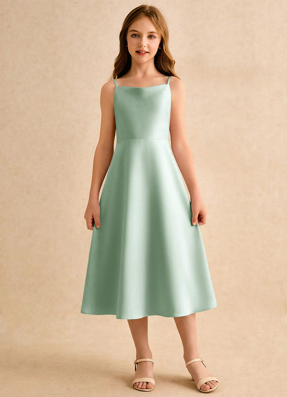Azazie Jaella Girls Formal Blomsterpigekjoler A-Line Plisseret Mat satin Te-længde Kjole image2