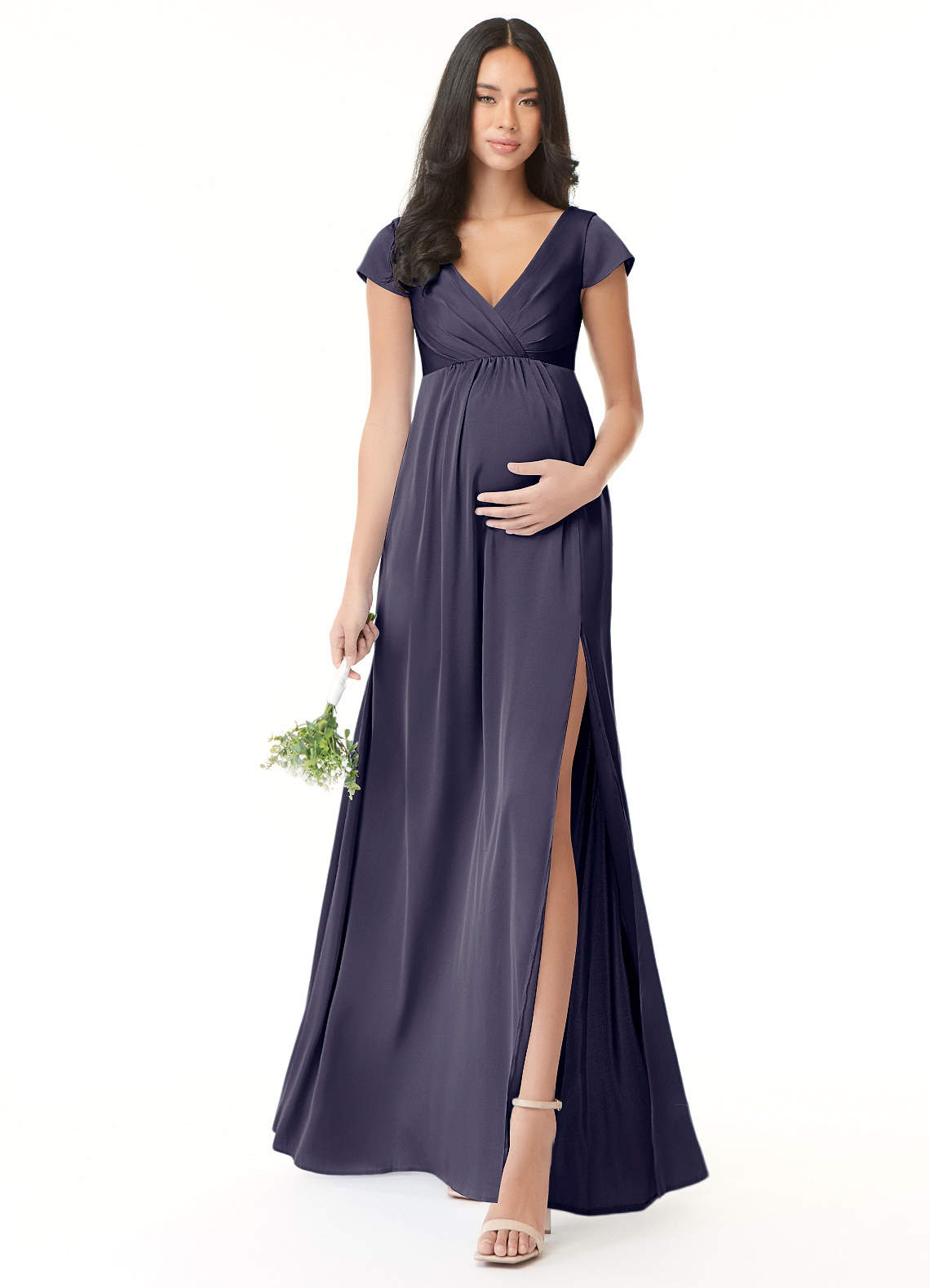 Azazie Allessia Robes de demoiselle d'honneur de maternité Robe Trapèze Plissée Longueur ras du sol Satin extensible image1