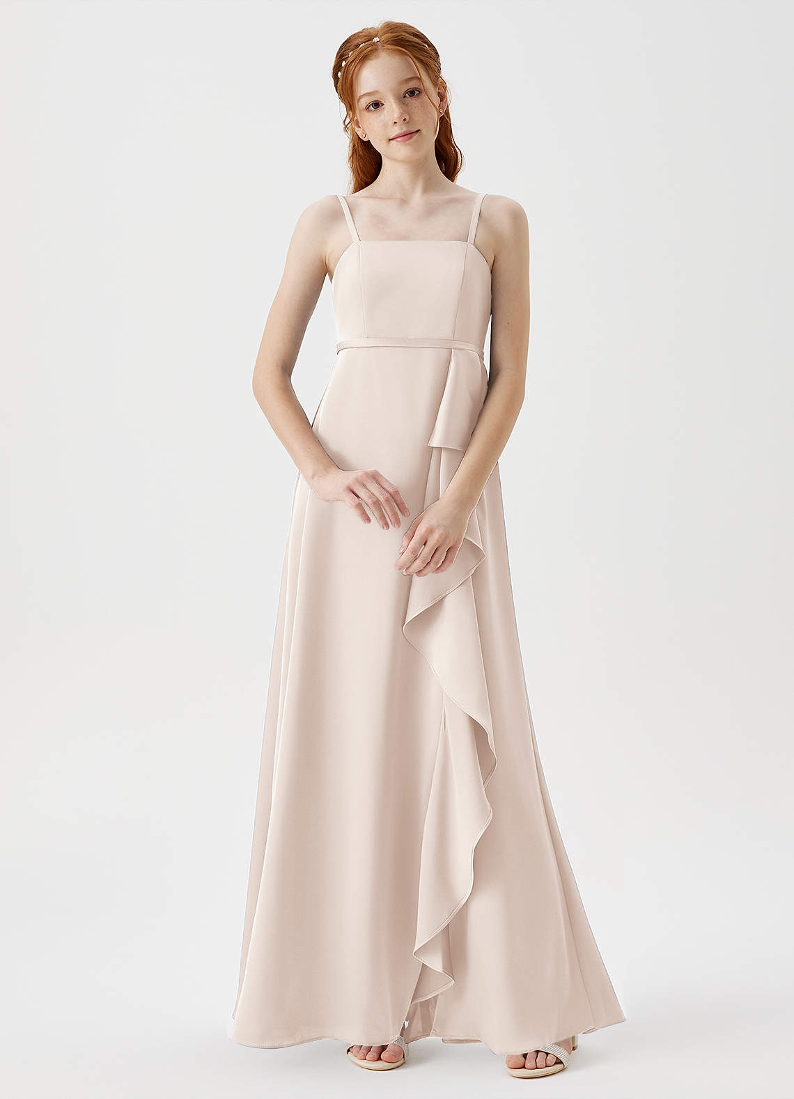 Azazie Kaylee Junior Robe Trapèze en Satin extensible avec ceinture Albâtre Blanc image1
