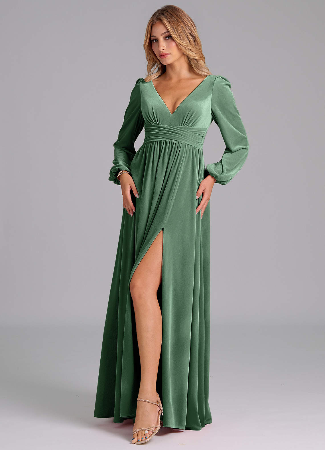 Azazie Norah Eucalyptus Velvet Bridesmaid Dresses