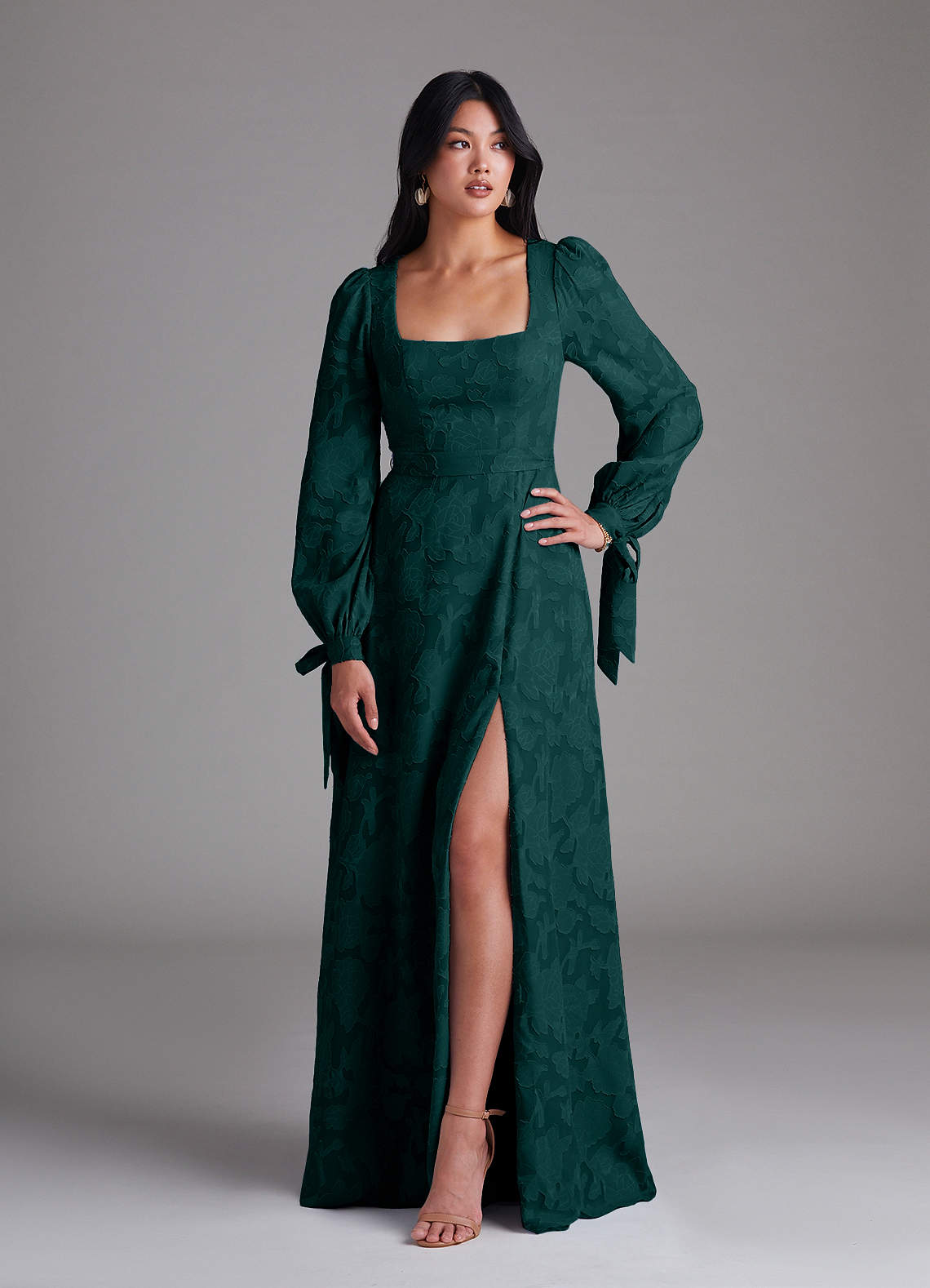 Azazie Leonia Bridesmaid Dresses Pine A-Line Long Sleeve Floral Burnout Dress image1