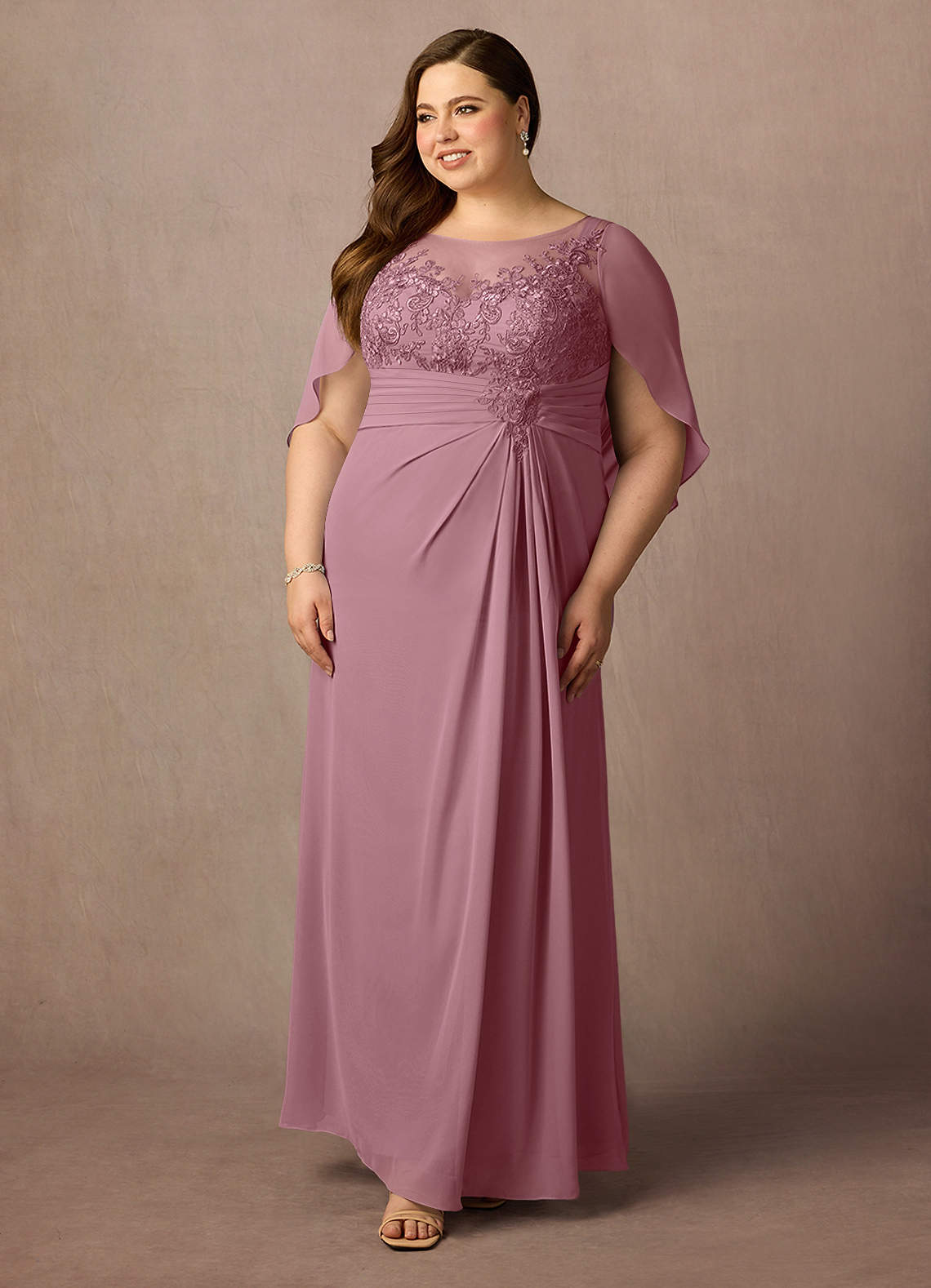 Azazie Hera Vintage Mauve A-Line Lace Capelet Chiffon Dress | Azazie