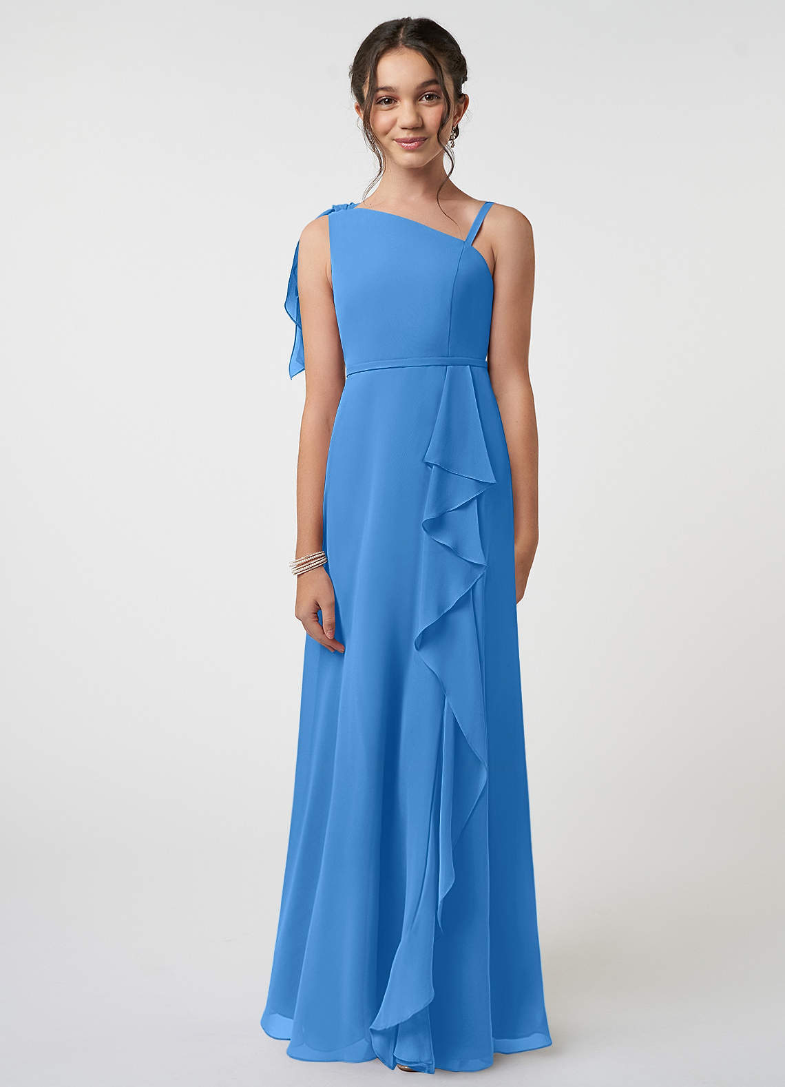 Azazie Aidy Junior A-Linie Schleifen Chiffon Kleid Blauhäher image1