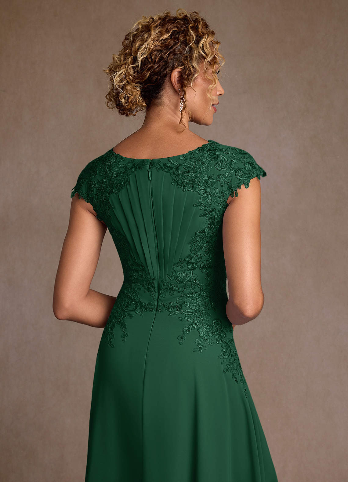 Azazie Christi At-home Try On Dresses Champagne A-Line Lace Chiffon Dress image5