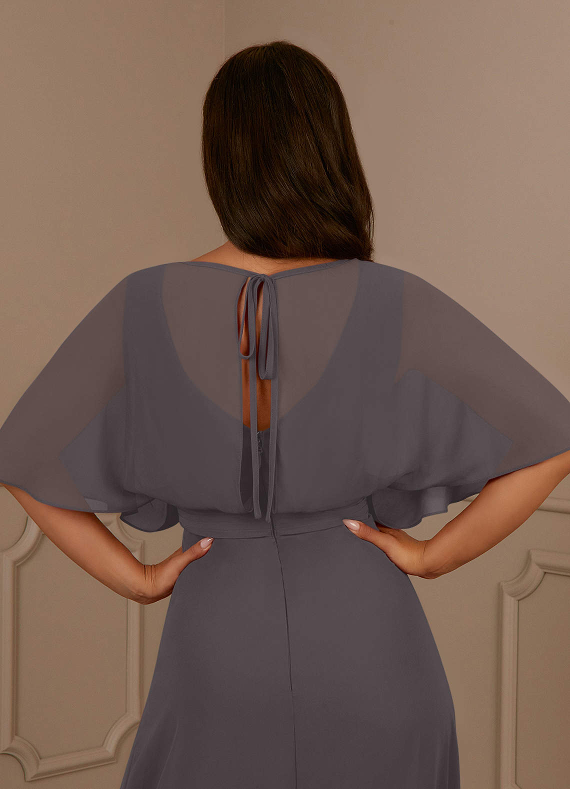 Azazie Oksana Steel Grey A-Line V-Neck Pleated Chiffon Dress