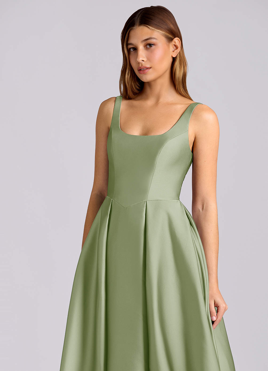 Azazie Amalie Kleider zum Anprobieren zu Hause A-Linie Plissee Stretch-Satin Kleid Staubiger Salbeigrün image5