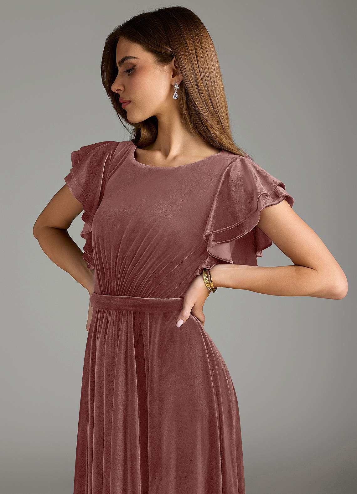 Azazie Daphne Modest Bridesmaid Dresses A-Line Velvet Floor-Length Dress with Belt image1