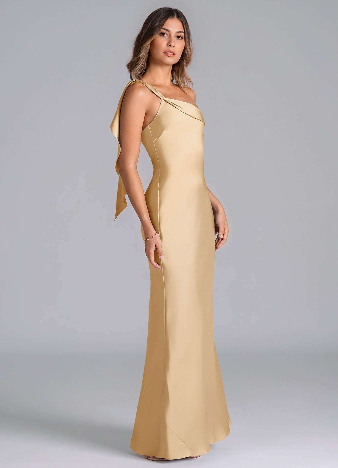 one shoulder gold bridesmaid dresses Champagne One Shoulder A-line Satin Long Bridesmaid Dress with Slit Champagne / Custom Size
