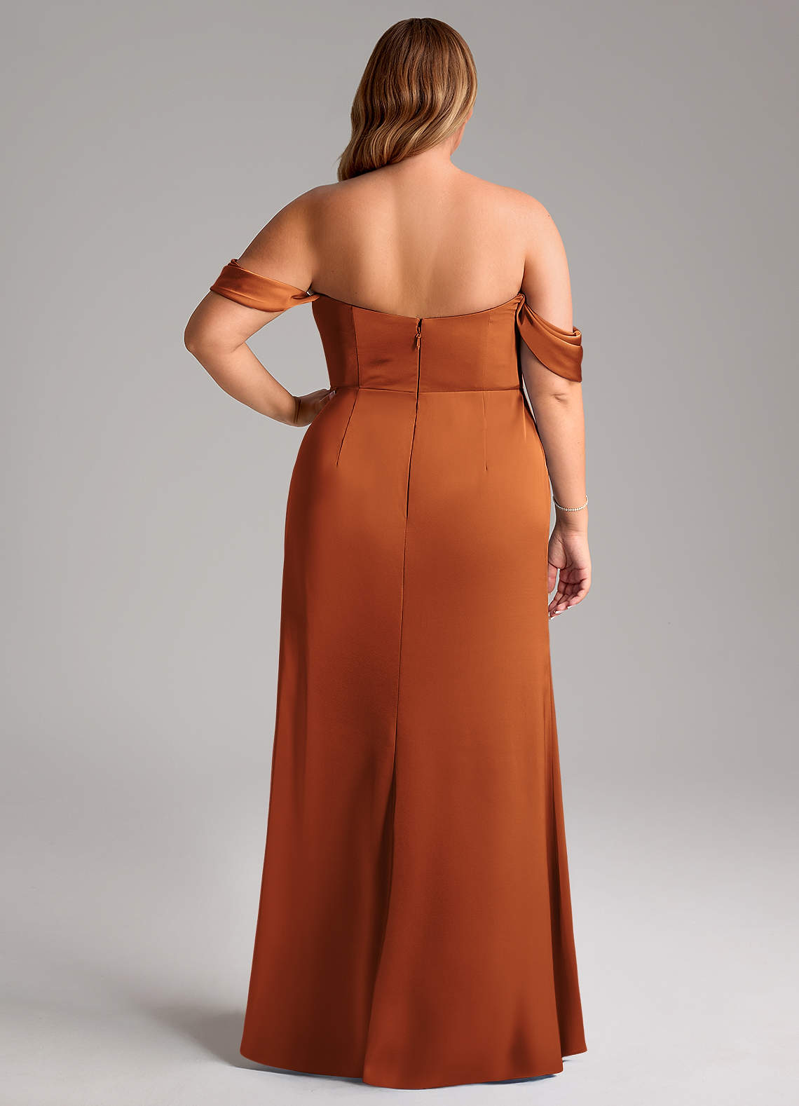 Azazie Saige Bridesmaid Dresses Cinnamon Sheath Off the Shoulder Stretch Satin Dress image11