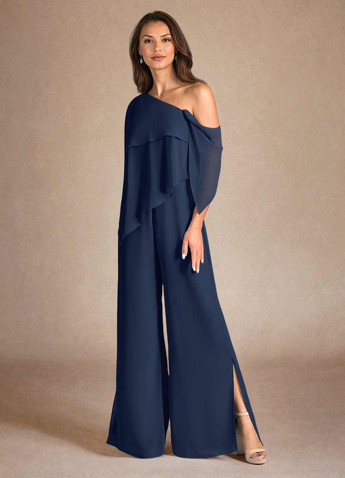 Azazie Halima Abiti per la Madre della Sposa Abito Tuta Pantaloni in Chiffon Spacco Laterale Marino Scuro image5