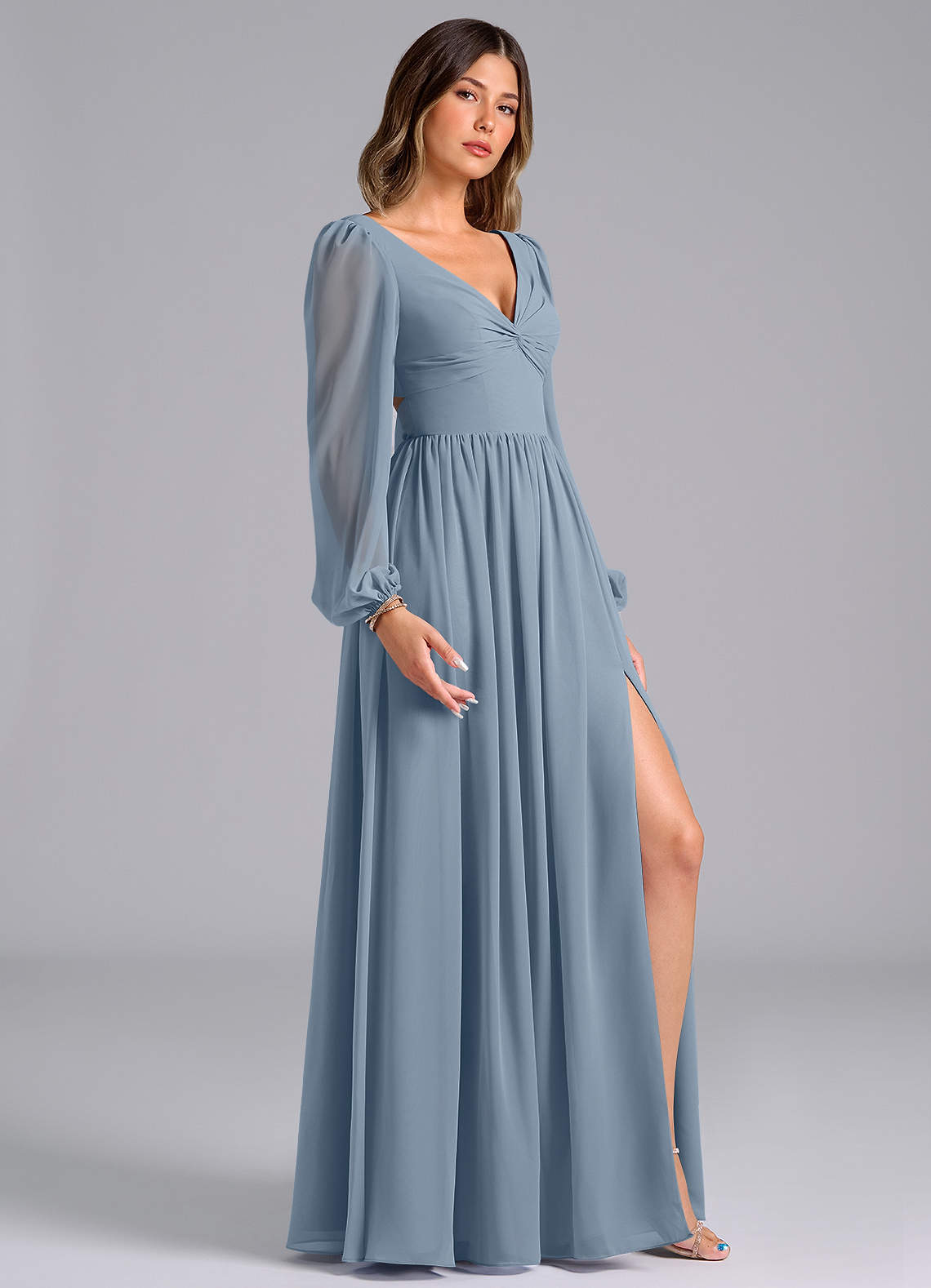 Azazie Zeya Bridesmaid Dresses Dusty Blue A-Line Long Sleeve Chiffon Dress image2