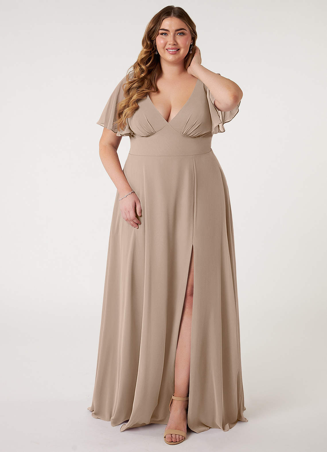 Azazie Kimber Bridesmaid Dresses Taupe A-Line Flounce Sleeve Chiffon Dress image1