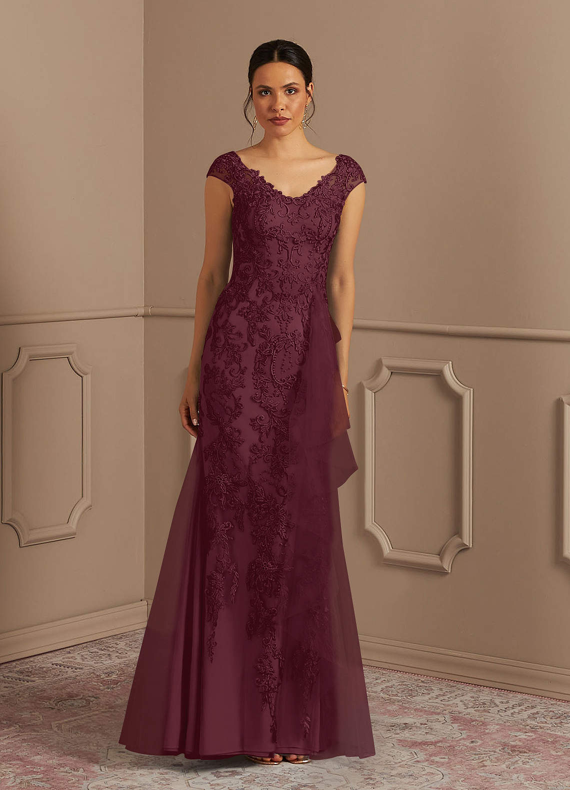 Azazie Melena Mother of the Bride Dresses Cabernet Mermaid Lace Tulle Dress image1