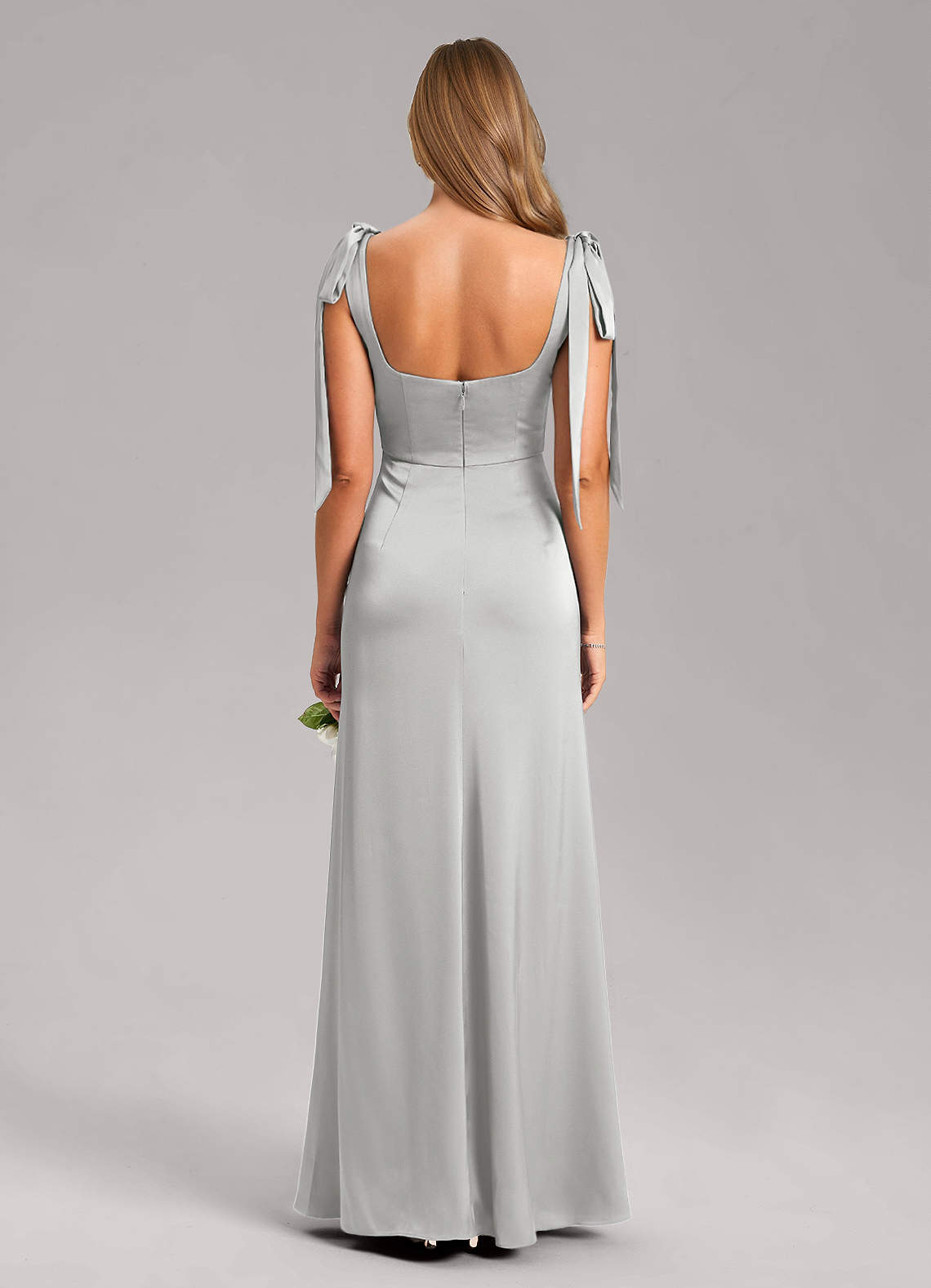 Azazie Frostine Bridesmaid Dresses Silver A-Line Bow Stretch Satin Dress image7