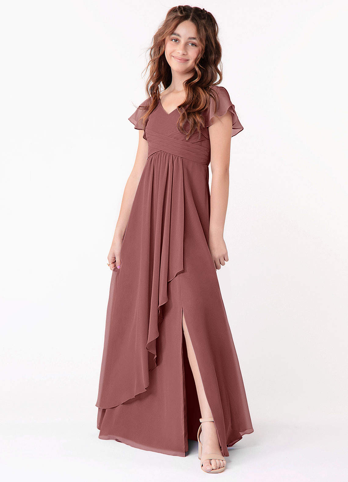 desert rose junior bridesmaid dresses BABARONI Flutter Sleeves A-line Chiffon Junior Bridesmaid Dress Pearl Pink, Pearl Pink / J4