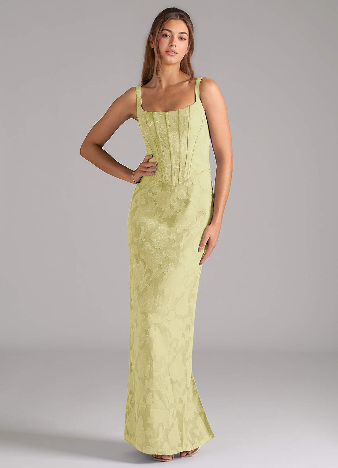 Azazie Kenna Bridesmaid Dresses Lemon Sorbet Sheath Side Slit Floral Burnout Dress image1