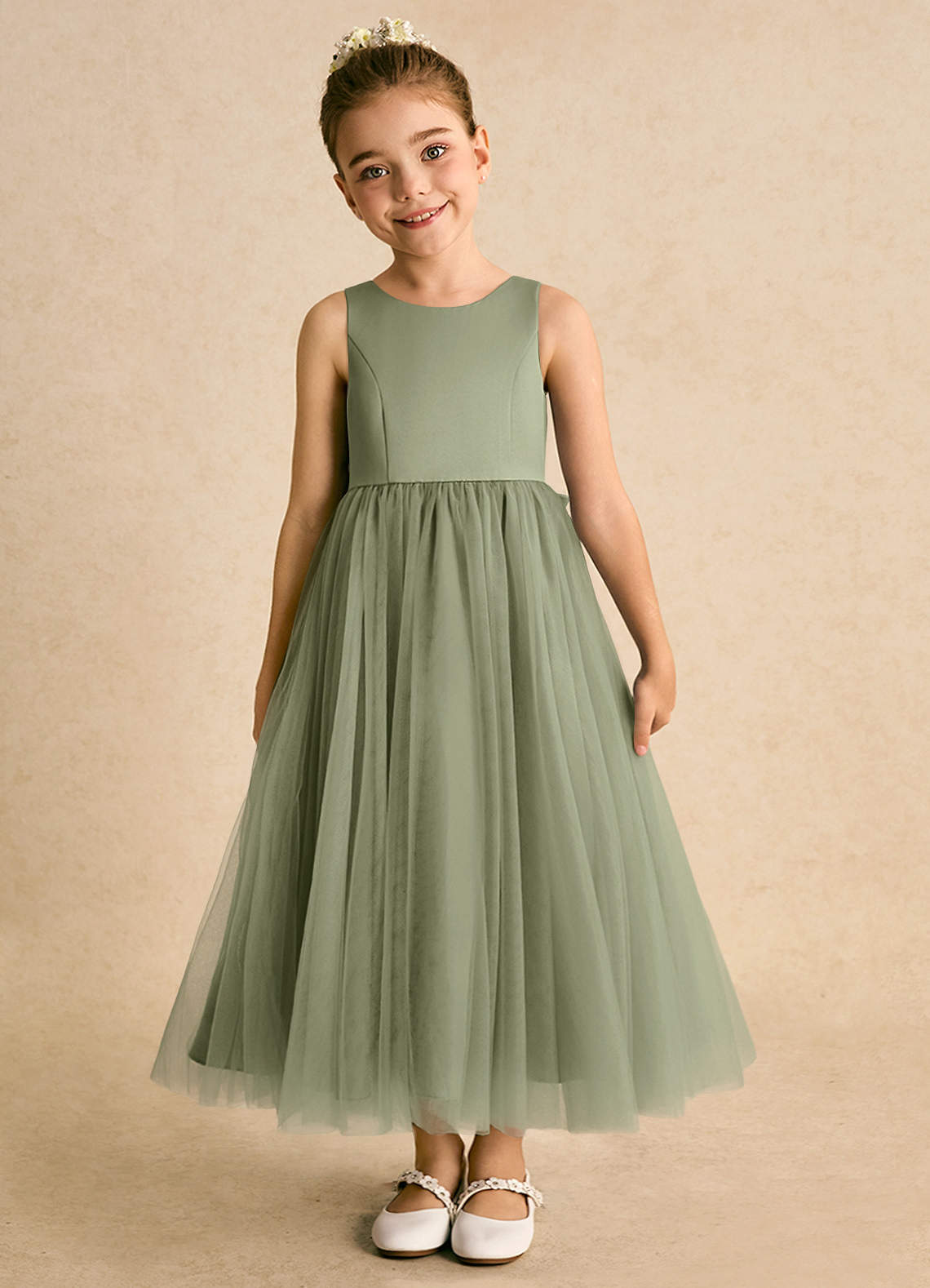 Azazie Solia Robe Demoiselle D'honneur Fillette Robe Princesse en Tulle Arc Pistache image2