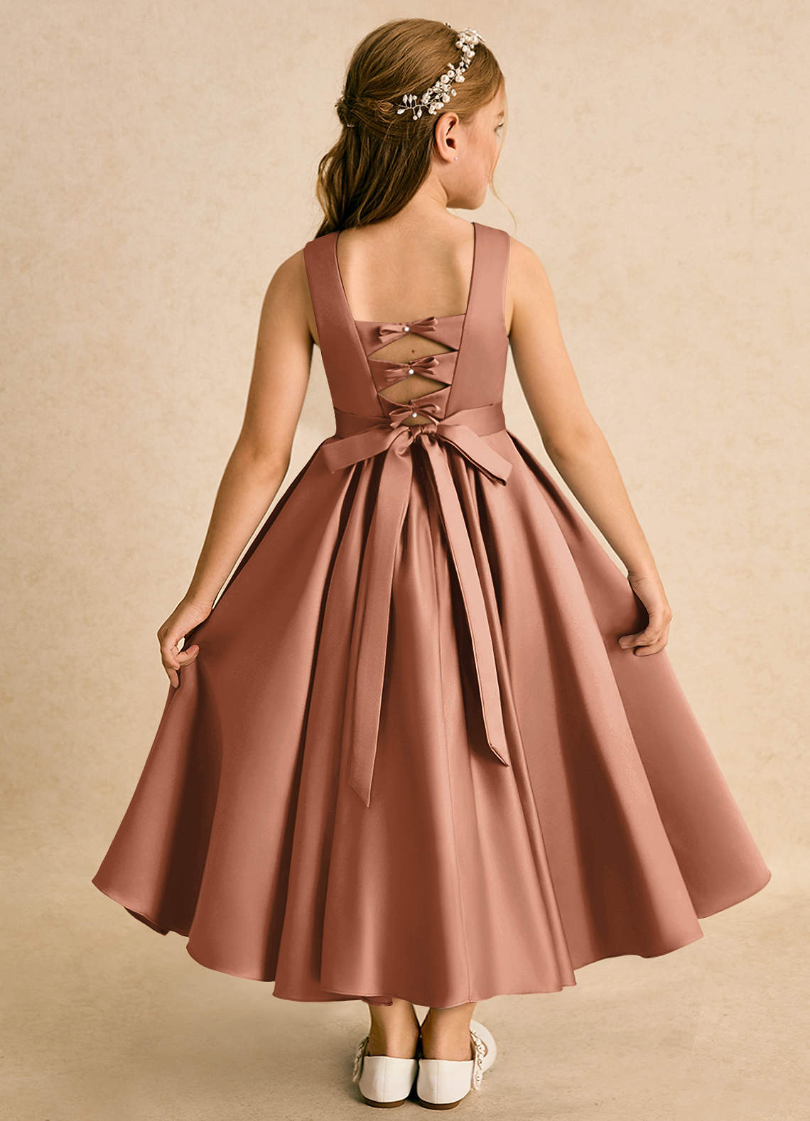 Azazie Junebuj Flower Girl Dresses Bronzer Ball-Gown Pleated Matte Satin Dress image1
