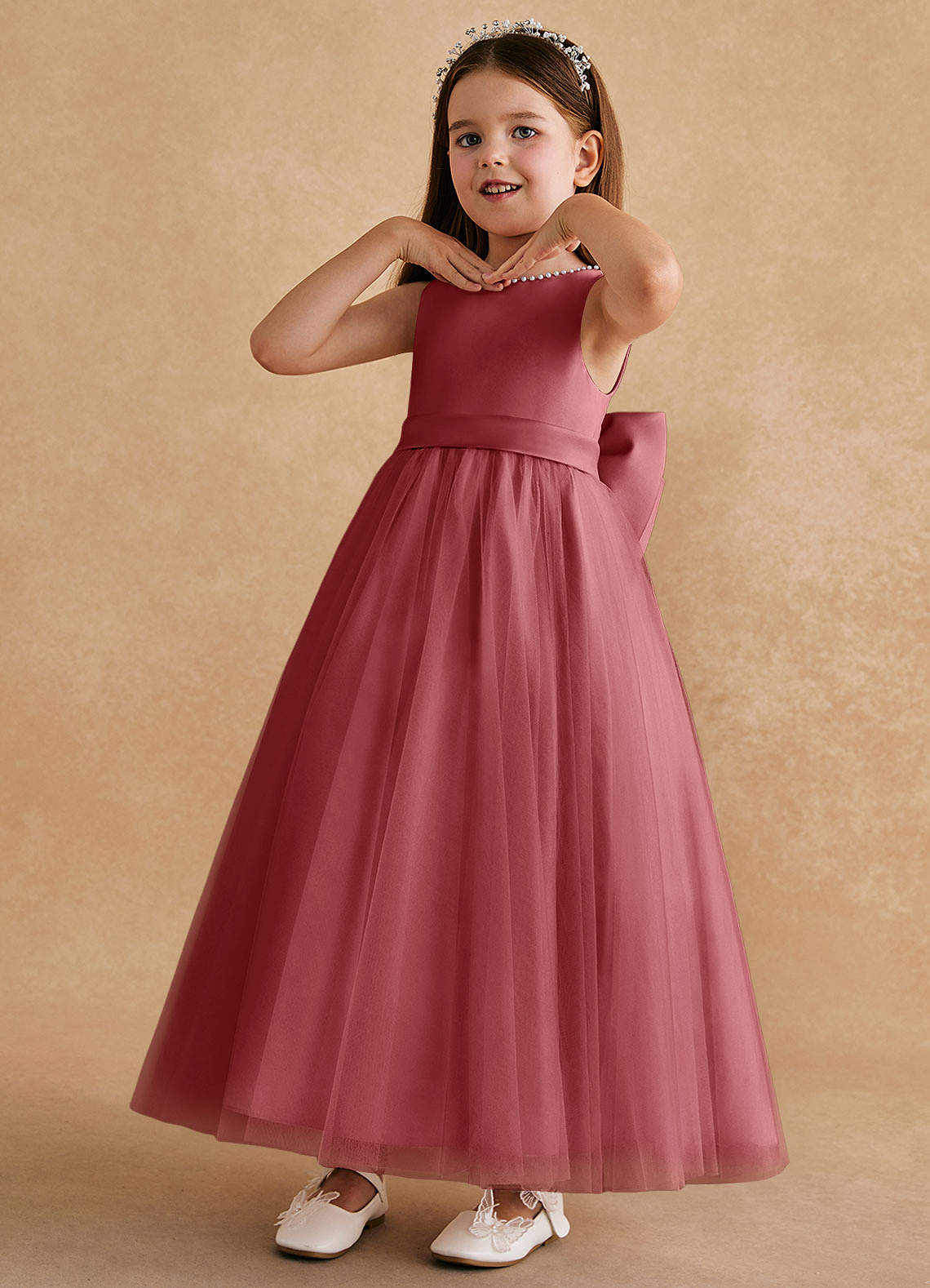 Azazie Cookie Vestidos de florista Vestido Rosa Antiga de Tule de Linha A com Arco image3