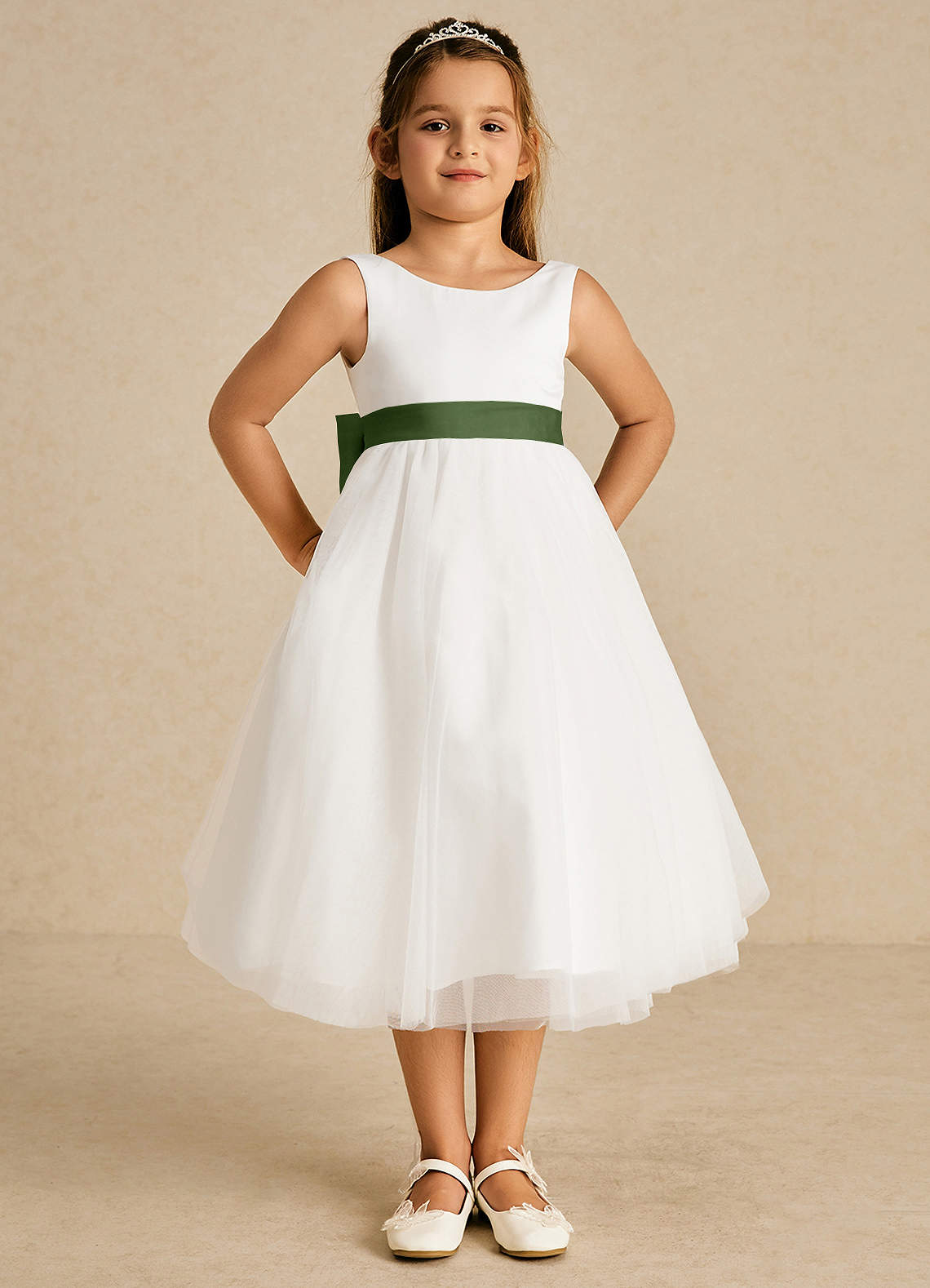 Azazie Kavi Flower Girl Dresses Ivory Olive A-Line Bow Matte Satin Dress image1