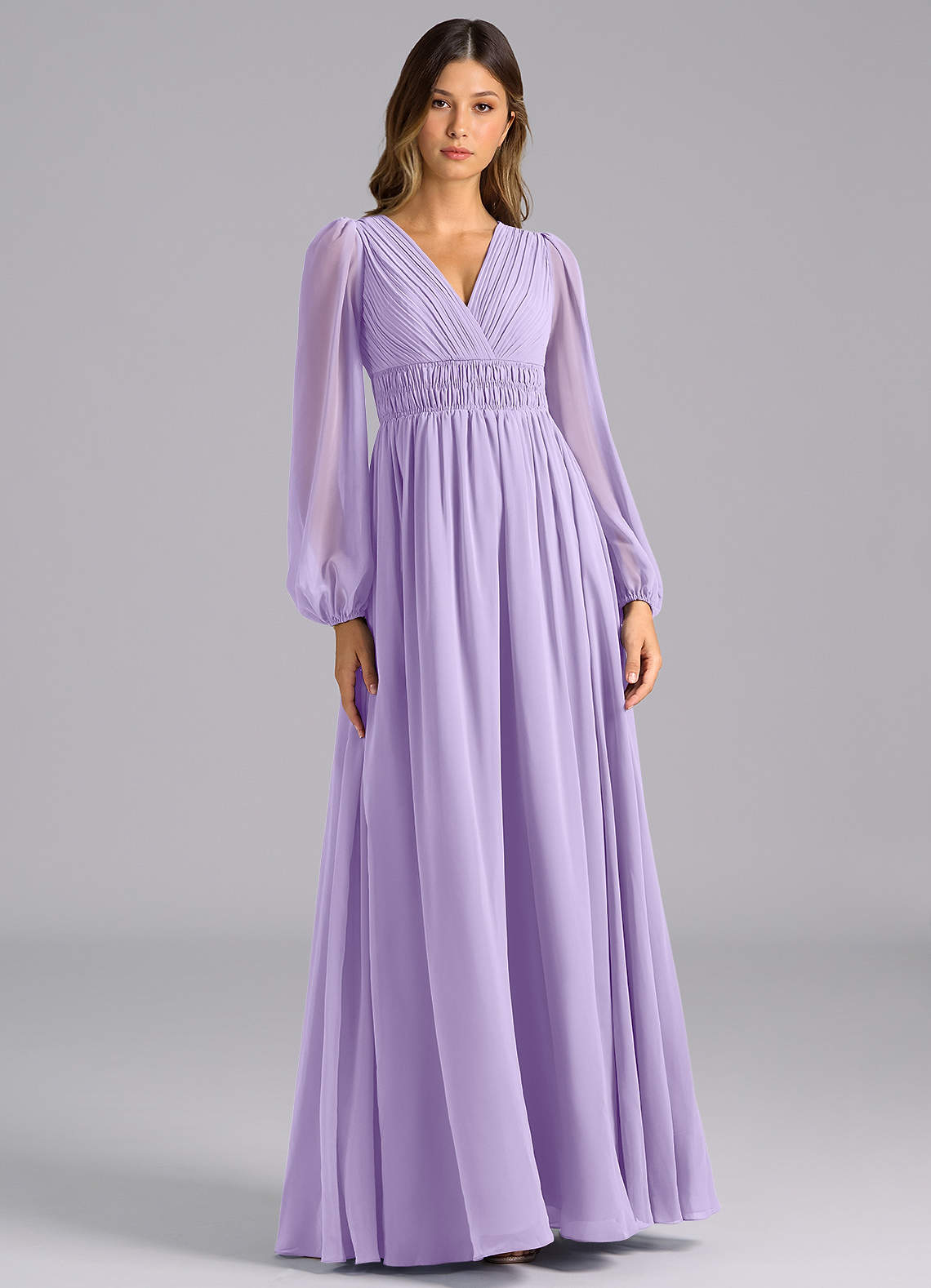 Azazie Palerma Bridesmaid Dresses Lilac A-Line Long Sleeve Chiffon Dress image1