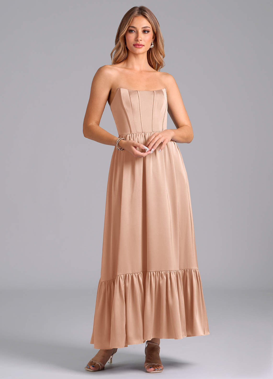 Azazie Leilana Bridesmaid Dresses Rose Gold A-Line Corset Stretch Satin Dress image1
