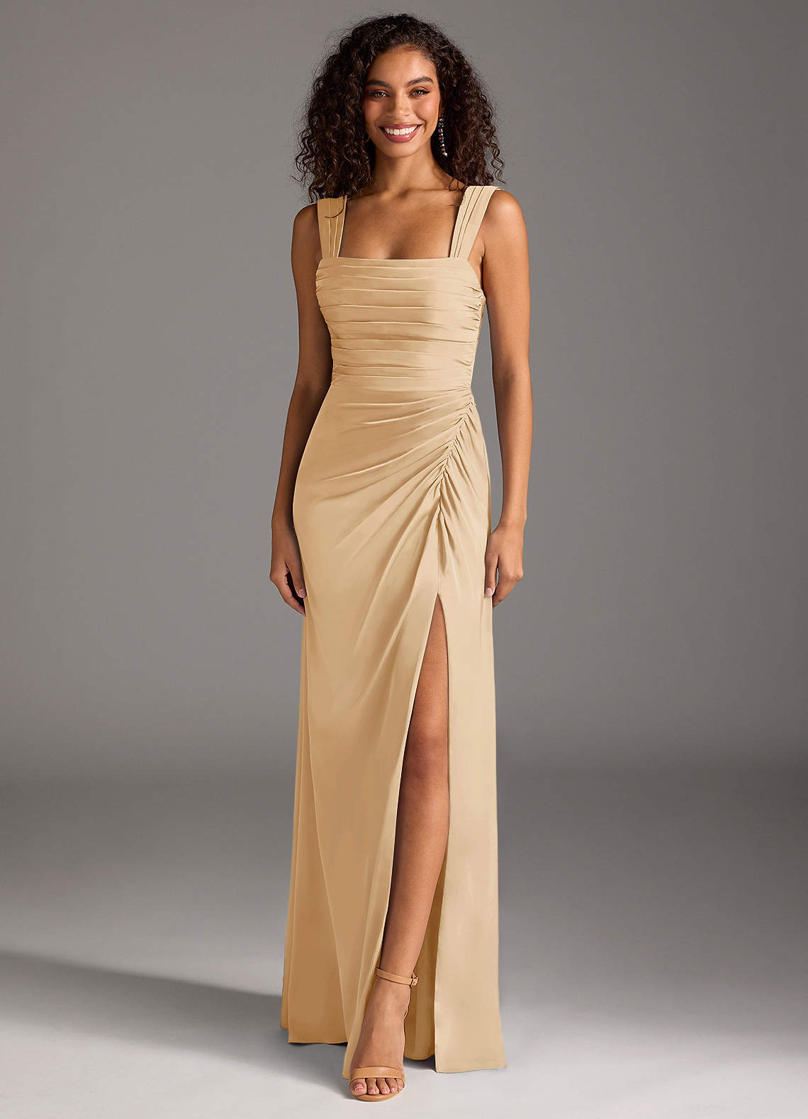 Azazie Jesaphine Brautjungfernkleider Etui Schleifen Stretch-Satin Kleid Gold image1