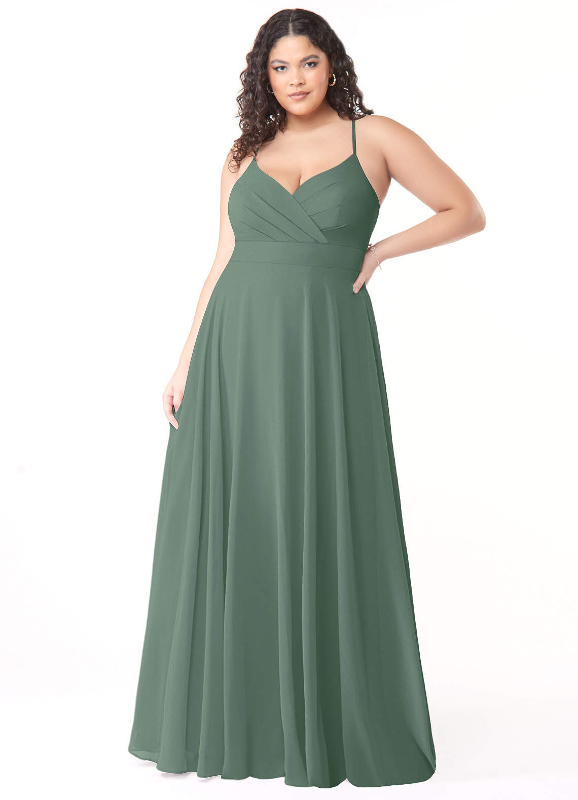 Azazie Avelina Bridesmaid Dresses Eucalyptus A-Line V-Neck Pleated Chiffon Dress image1