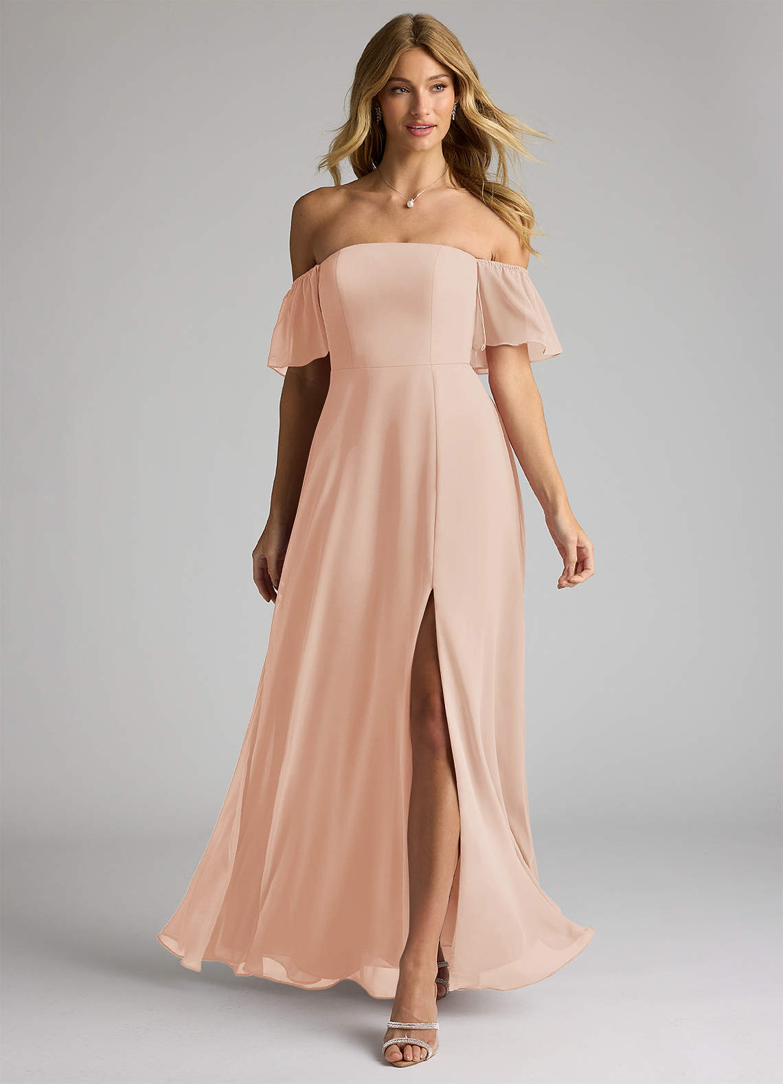 Azazie Sue Bridesmaid Dresses English Rose A-Line Off the Shoulder Chiffon Convertible Dress image1