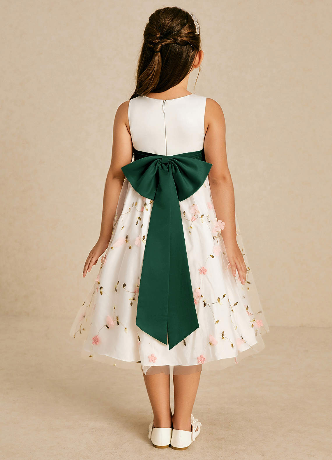 Azazie Pollie Flower Girl Dresses Blushing Pink Dark Green A-Line Bow Tulle Dress image1