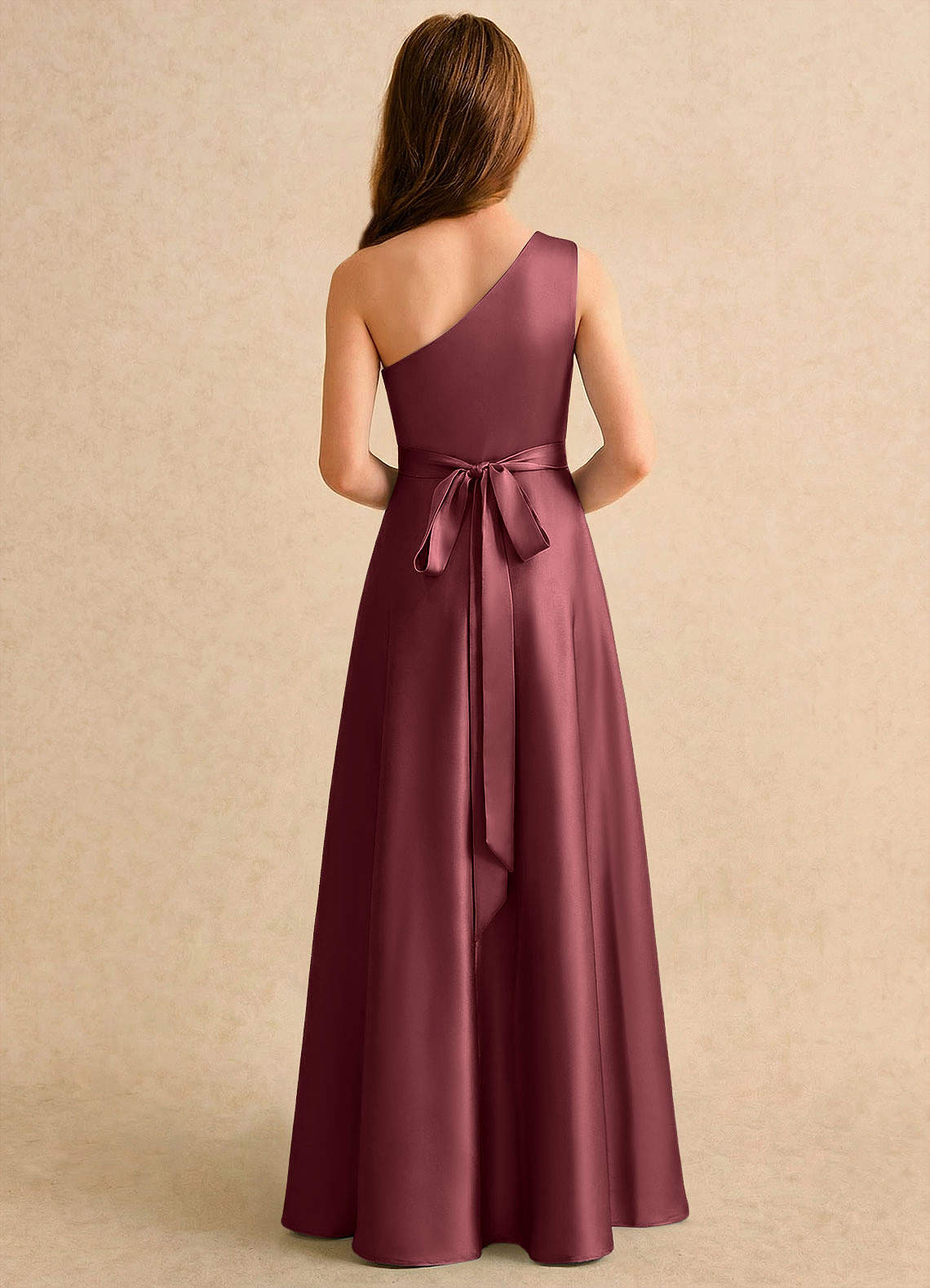 Azazie Puddles Girls Formal Robe Demoiselle D'honneur Fillette Robe Trapèze en Satin extensible Une épaule Merlot image1