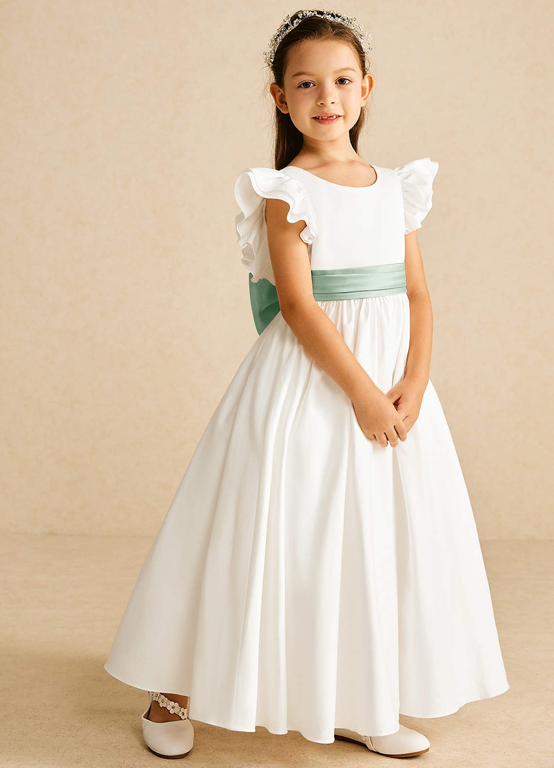 Azazie Aero Flower Girl Dresses Ivory Agave A-Line Pleated Cotton Dress image4