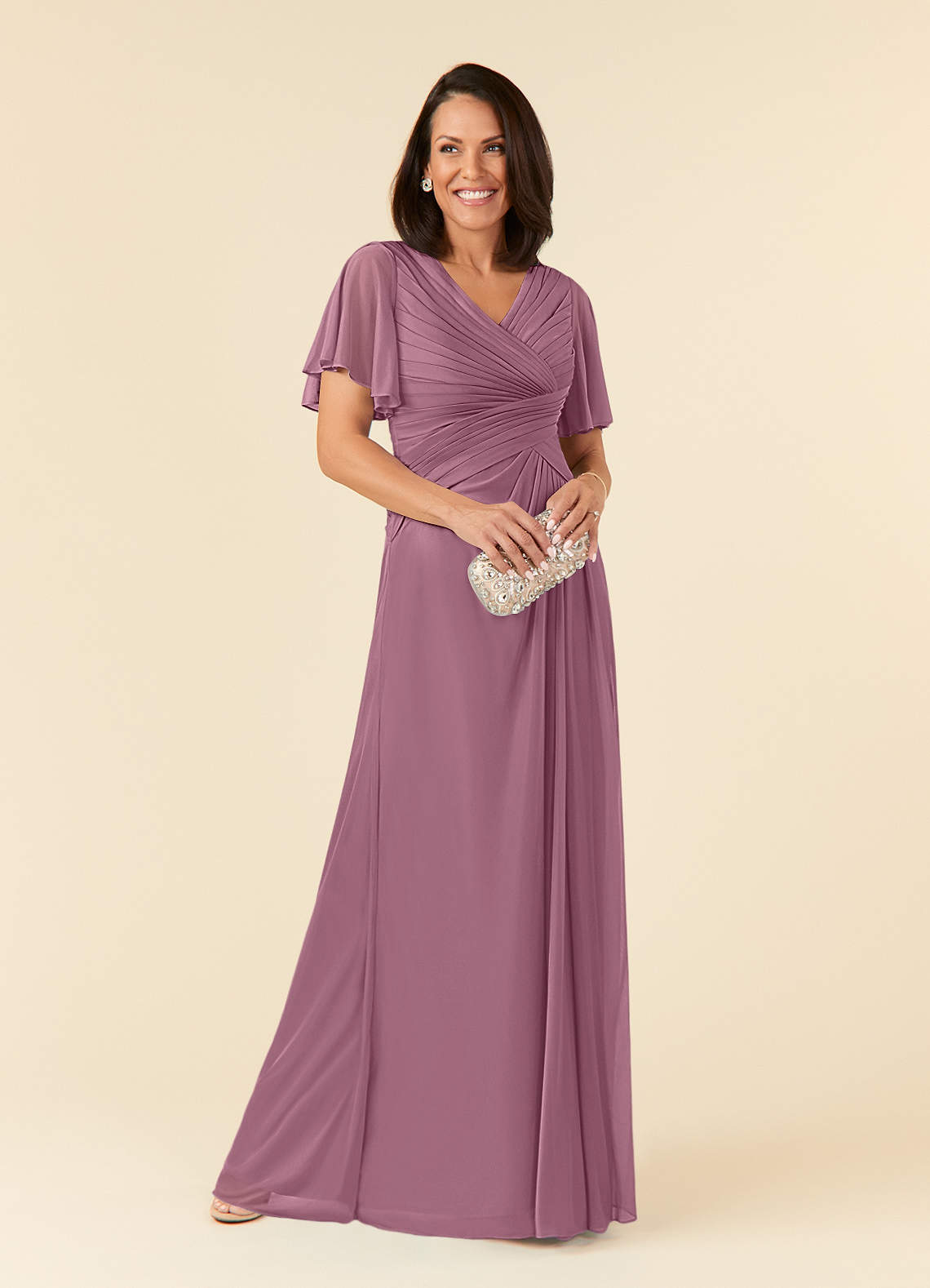 Azazie Emmeline Mother of the Bride Dresses Vintage Mauve A-Line V-Neck Pleated Mesh Dress image1