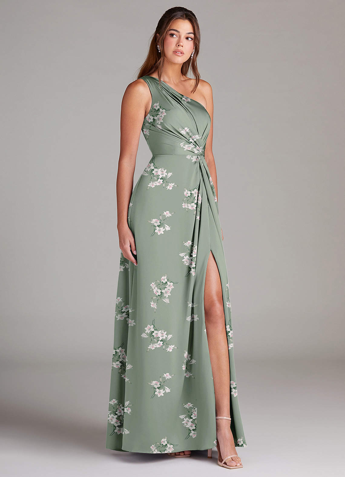 Azazie Brooke Bridesmaid Dresses Agave Lilly Floral A-Line One Shoulder Stretch Satin Dress image3