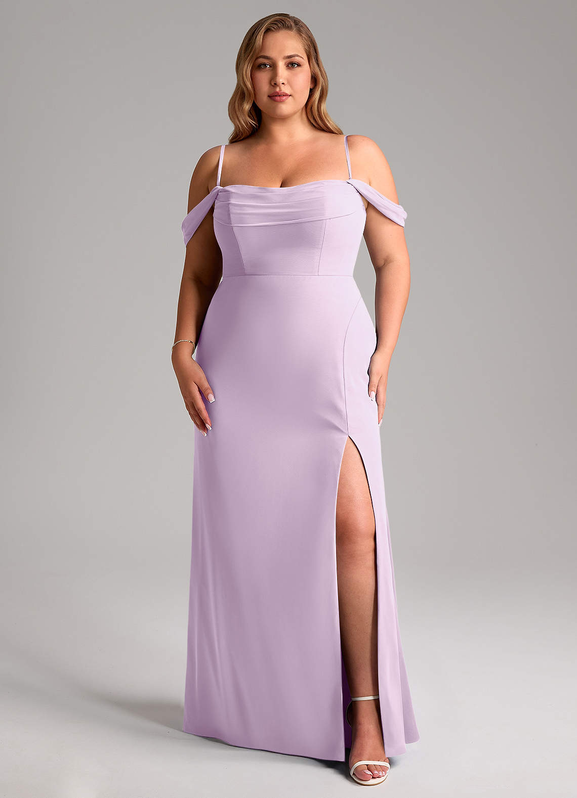 Azazie Saige Bridesmaid Dresses Frosted Lilac A-Line Off the Shoulder Chiffon Convertible Dress image13